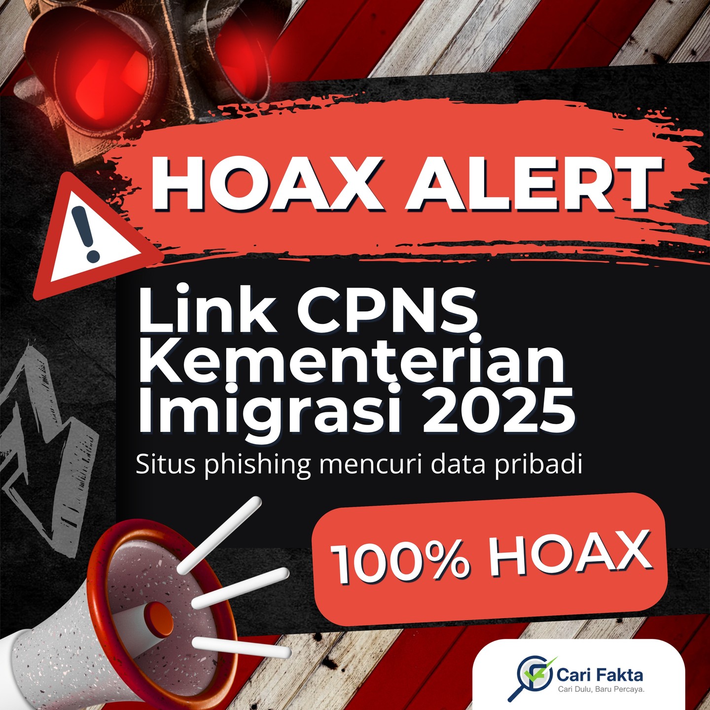 PERHATIAN PENTING UNTUK PARA PENCARI KERJA! ¶¶Waspada! Sedang beredar luas link pendaftaran CPNS Kementerian Imigrasi 2025 di media sosial. Ini adalah PENIPUAN berbahaya yang dirancang untuk mencuri data pribadi Anda (phishing).¶¶Penipu mengiming-imingi ribuan formasi Penjaga Tahanan dan Pemeriksa Keimigrasian melalui link palsu yang disebar di Facebook dan TikTok. Jangan terkecoh, link ini BUKAN dari pemerintah!¶¶INGAT BAIK-BAIK:¶ Situs pendaftaran CPNS yang resmi dan satu-satunya adalah sscasn.bkn.go.id.¶ JANGAN PERNAH memberikan data pribadi seperti nama lengkap dan nomor Telegram ke situs yang tidak dikenal.¶¶Anda punya teman atau saudara yang sedang mencari kerja? Bantu lindungi mereka dengan membagikan postingan ini di Story atau grup Anda. Satu tindakan sederhana bisa mencegah kerugian besar.¶¶Follow @carifaktaid untuk tetap update dengan informasi cek fakta terpercaya.¶Cari Dulu, Baru Percaya.¶¶#AntiHoax #CegahPenipuan #CPNS2025 #HoaxCPNS #PenipuanLoker #InfoCPNS #LiterasiDigital #WaspadaPhishing #CariFakta #TurnBackHoax #LowonganPalsu #Kemenkumham #Imigrasi