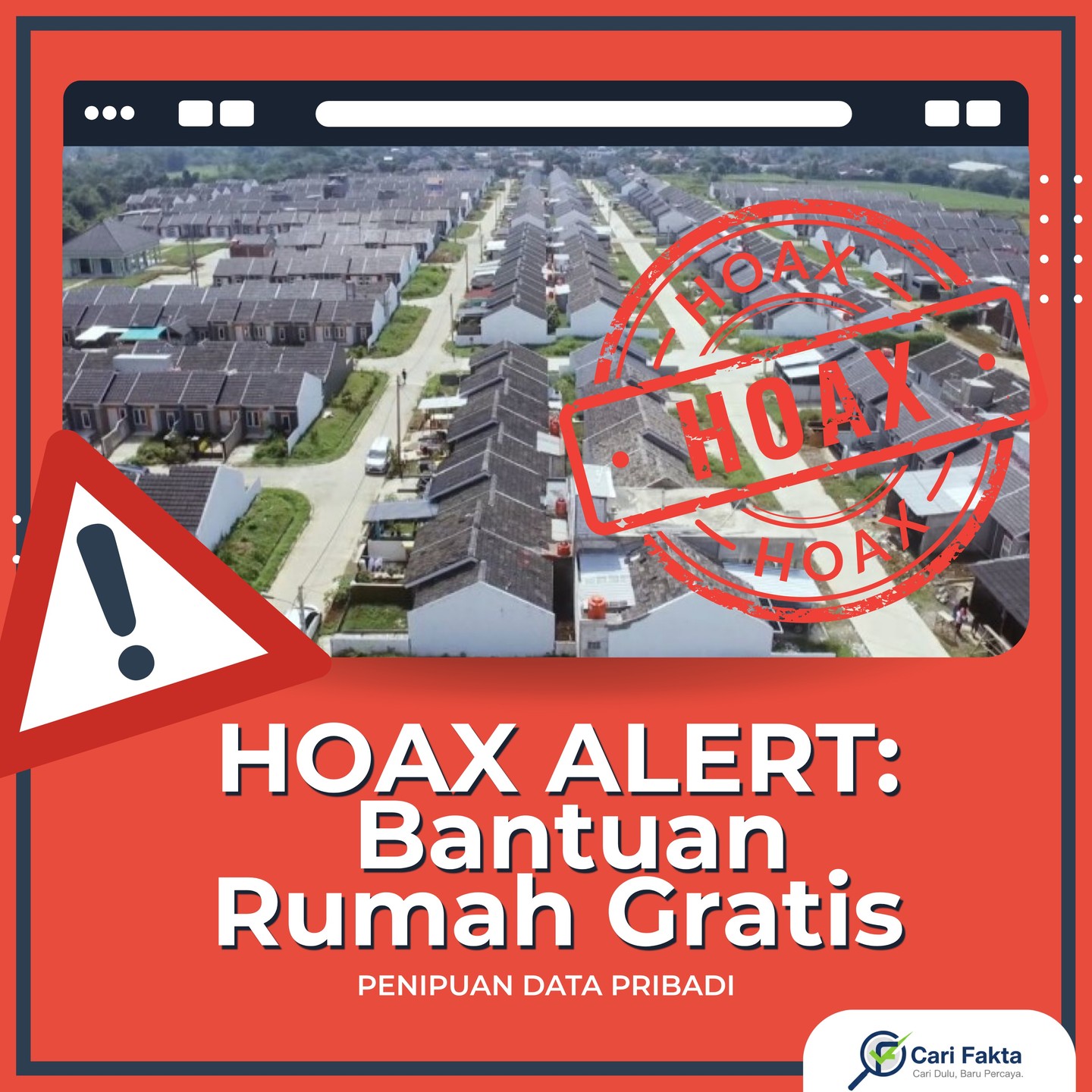 BAHAYA, JANGAN DI-KLIK! ¶¶Waspada! Sedang menyebar luas link penipuan di Facebook yang menawarkan "Bantuan Rumah Gratis" dan mencatut nama Program 3 Juta Rumah dari pemerintah. Ini adalah JEBAKAN PHISHING untuk mencuri data pribadi Anda!¶¶Penipu sengaja menargetkan masyarakat yang sangat membutuhkan hunian. Modusnya adalah dengan menyebar link pendaftaran palsu yang meminta data KTP, KK, dan yang paling berbahaya: NOMOR TELEGRAM Anda.¶¶FAKTA YANG BENAR: ¶ Program 3 Juta Rumah itu ASLI, tapi bentuknya adalah KPR FLPP (Kredit Rumah Bersubsidi) dengan cicilan ringan, BUKAN DIBERIKAN GRATIS. ¶ Pendaftaran resmi program ini dilakukan melalui BANK PELAKSANA (seperti BTN, Mandiri, BRI), BUKAN melalui link di media sosial.¶¶PERINGATAN PALING PENTING: Pemerintah TIDAK PERNAH meminta nomor TELEGRAM untuk pendaftaran program bantuan apapun. Jika Anda menemukan syarat ini, sudah 100% PASTI PENIPUAN!¶¶Banyak saudara kita yang bisa menjadi korban karena kebutuhan mendesak. Bantu kami melindungi mereka dengan membagikan postingan ini ke teman, keluarga, dan grup komunitas Anda.¶¶Follow @carifaktaid untuk informasi anti-penipuan terpercaya.¶¶#HoaxAlert #PhishingScam #Program3JutaRumah #FLPP #TelegramScam #CekFakta #CariFakta #AntiHoax #RumahSubsidi #MBR #DigitalLiteracy #ScamAwareness