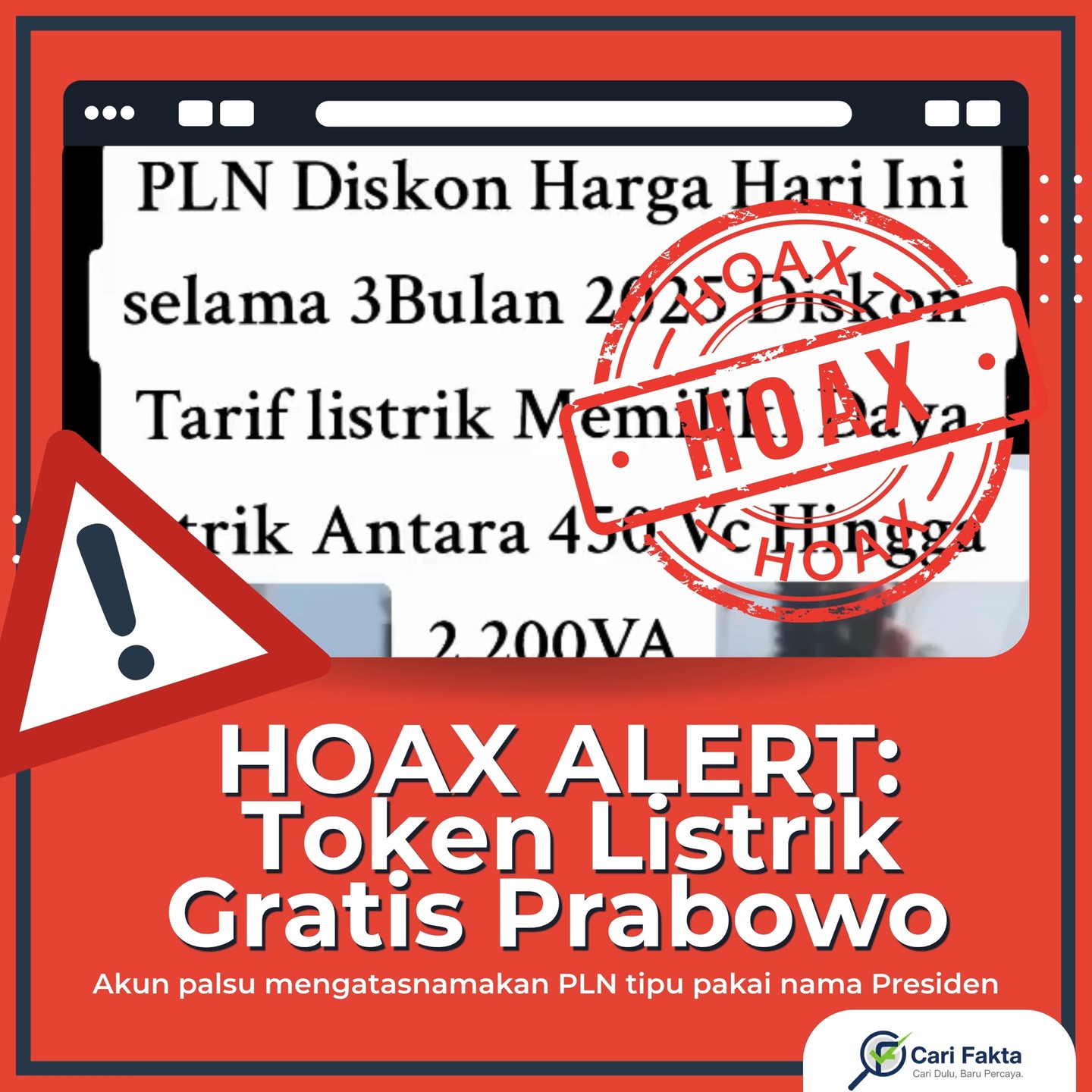 HOAX TOKEN LISTRIK GRATIS! ¶¶Waspada! Penipuan "Token Listrik Gratis Prabowo" kembali menyebar di TikTok melalui akun palsu @pln__id (perhatikan double underscore!). Ini adalah IMPOSTER SCAM berulang yang mencatut nama Presiden dan PLN!¶¶INI BUKAN HOAX BIASA! Scammer memanfaatkan waktu yang sangat strategis: tepat saat program diskon listrik pemerintah yang berlaku Januari-September DIHAPUS pada Oktober 2025. Kekosongan informasi ini dieksploitasi untuk menipu!¶¶HAL YANG WAJIB ANDA INGAT: ¶ Akun PLN resmi hanya @pln_id (dengan satu underscore dan ✓ verified). ¶ Adanya nomor WhatsApp di bio atau embel-embel "Loker Spr" = 100% PENIPUAN. ¶ PLN TIDAK PERNAH memberikan token listrik gratis.¶¶Hoax ini memiliki pola bulanan yang muncul sejak Agustus 2025. Tetap waspada dan jangan mudah percaya!¶¶Bantu kami melindungi masyarakat dari penipuan berulang ini. Bagikan postingan ini ke teman, keluarga, dan grup Anda. Satu share Anda sangat berarti!¶¶Follow @carifaktaid untuk peringatan pola hoax dan cek fakta terpercaya.¶¶#HoaxAlert #TokenListrik #PrabowoScam #PLNHoax #ImposterAccount #PatternAlert #RecurringScam #CariFakta #CekFakta #DigitalLiteracy #ScamAwareness #VerifikasiAkun #AntiHoax