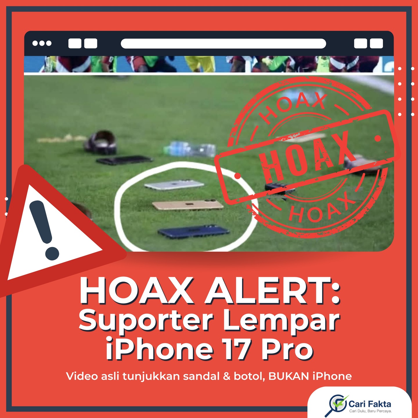 IPHONE ATAU SANDAL?¶¶Kamu mungkin sudah melihat foto viral suporter sepak bola yang disebut melempar puluhan iPhone 17 Pro seharga Rp 30 juta saat pertandingan Qatar vs UEA. Narasi 'crazy rich' ini menyebar sangat cepat.¶¶Tapi apakah itu benar? FAKTANYA: Kericuhan itu BENAR TERJADI, namun yang dilempar adalah SANDAL DAN BOTOL, bukan iPhone. Foto iPhone yang berserakan adalah hasil MANIPULASI VISUAL yang sengaja dibuat untuk clickbait!¶¶Kami melakukan analisis forensik mendalam pada video aslinya untuk membongkar kebohongan ini.¶¶Hoax ini berhasil viral karena mengeksploitasi stereotip yang mudah dipercaya. Selalu lakukan TES LOGIKA sederhana sebelum Anda ikut menyebarkan informasi.¶¶Jangan jadi korban manipulasi visual! Bantu teman dan keluarga Anda menjadi lebih cerdas. Bagikan postingan ini untuk menyebarkan skill literasi visual yang sangat penting.¶¶Follow @carifaktaid untuk debunking forensik dan cek fakta mendalam lainnya.¶¶#VisualHoax #ForensicFactCheck #StopHoax #CekFakta #LiterasiVisual #DigitalLiteracy #ManipulasiFoto #iPhone17Pro #QatarVsUEA #CariFakta #AntiHoax #FactCheck