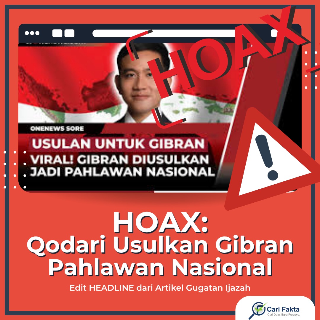 ️ HOAX ALERT! JANGAN TERTIPU SCREENSHOT BERITA! ️¶¶Anda mungkin melihat screenshot berita dari SindoNews yang berjudul "Muhammad Qodari Usulkan Gibran Jadi Pahlawan Nasional"?¶¶Hati-hati, ini adalah HOAX yang dibuat dengan teknik manipulasi visual licik: "HEADLINE HIJACKING".¶¶Modusnya adalah mengambil screenshot berita asli yang sah, lalu MENGGANTI TOTAL judul/headline-nya untuk memutarbalikkan konteks 100% dan menciptakan kebohongan.¶¶ FAKTA SEBENARNYA:¶¶Berita asli SindoNews (27 Okt) adalah soal "Sidang Gugatan Ijazah SMA Gibran".¶¶Subjek berita asli adalah Subhan Palal (penggugat), BUKAN Qodari.¶¶Qodari TIDAK PERNAH menyatakan hal ini.¶¶Gibran TIDAK ADA di daftar 40 pahlawan nasional resmi yang diumumkan 21 Oktober.¶¶Hoax ini sengaja disebar (30-31 Okt) tepat di antara dua momen viral: pengumuman 40 nama pahlawan nasional (21 Okt) dan berita gugatan Gibran (27 Okt) untuk mengeksploitasi kebingungan publik.¶¶Selalu verifikasi langsung ke website berita aslinya, jangan hanya percaya pada screenshot yang beredar!¶¶Follow @carifaktaid untuk belajar mengenali teknik manipulasi visual.¶¶#HoaxAlert #HeadlineHijacking #ViralTapiHoaks #CariFakta #CekFakta #Gibran #Qodari #PahlawanNasional #MediaLiteracy #Verifikasi #AntiHoax #StopHoax #LiterasiDigital