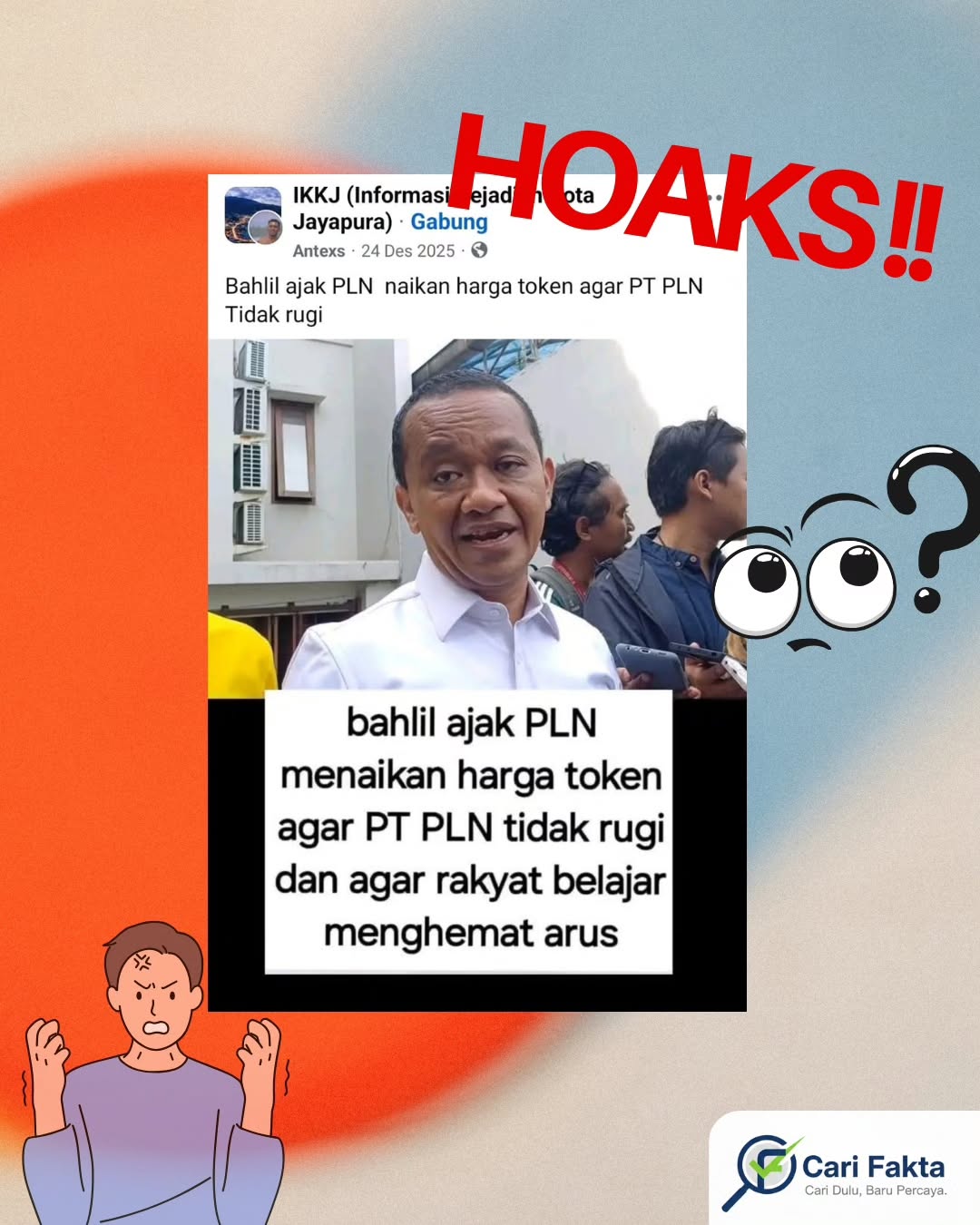 ️WASPADA PENYEBARAN BERITA PALSU DI MEDIA SOSIAL️¶¶Akhir tahun lalu beredar sebuah tautan di salah satu grup Facebook yang memuat foto Bahlil disertai klaim bahwa ia mengajak PT PLN untuk menaikkan harga token listrik dengan alasan agar perusahaan tidak merugi dan masyarakat belajar menghemat listrik. Setelah dilakukan penelusuran lebih lanjut melalui kata kunci terkait kenaikan harga token listrik, tidak ditemukan satu pun sumber berita resmi maupun pemberitaan dari media kredibel yang membenarkan klaim tersebut. Selain itu, tidak ada informasi resmi mengenai adanya kenaikan harga token listrik, baik prabayar maupun pascabayar.¶¶Hal ini menunjukkan bahwa informasi yang beredar tersebut merupakan berita palsu atau hoaks yang tidak jelas kebenarannya. Ironisnya, postingan tersebut telah memperoleh ribuan tanda suka dan komentar dari pengguna Facebook. Oleh karena itu, masyarakat diimbau untuk selalu bersikap kritis, memverifikasi sumber informasi, serta tidak mudah percaya dan menyebarkan konten yang belum terbukti kebenarannya di media sosial.¶¶Follow @carifaktaid untuk cek fakta yang kredibel dan mendalam¶¶#carifakta #lawanhoaks #literasidigital #stophoaks #bahlil #listrik #pln #hoaks