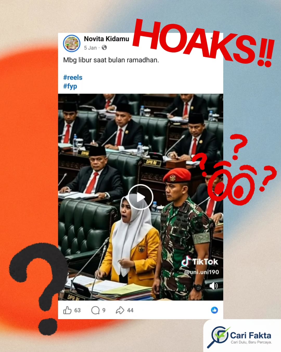 ️WASPADA DENGAN VIDEO YANG BEREDAR DI MEDIA SOSIAL️¶¶Sebuah unggahan akun Novita Kidamu di media sosial facebook pada Senin (5/1/2026) membagikan sebuah video dengan narasi mahasiswa menolak keras pernyataan yang mengatakan selama bulan ramadan MBG tetap berjalan. Dalam video tersebut memperlihatkan seorang perempuan mengenakan almamater berwarna kuning dengan didampingi seorang TNI tengah berorasi di sebuah ruang rapat, dibelakangnya terlihat beberapa anggota dewan yang sedang mendengarkan perempuan itu berorasi tentang penolakan pelaksanaan MBG selama bulan ramadan. ¶Pada Senin (12/1/2026) konten tersebut telah tayang sebanyak 7.700-an kali dan menuai 9 komentar serta 44 kali dibagikan.¶¶Setelah ditelusuri, tim Pemeriksa Fakta Mafindo (TurnBackHoax) menelusuri kebenaran konten menggunakan alat pendeteksi AI, Hive Moderation. Diketahui, konten merupakan hasil rekayasa kecerdasan buatan (artificial intelligence/AI), probabilitas atau kemungkinannya mencapai 88,3 persen. Serta tak ada sumber berita yang kredibel yang membenarkan klaim bahwa mahasiswa menolak pelaksanaan MBG selama bulan ramadan. Sehingga bisa dikatakan bahwa video yang beredar tersebut merupakan konten palsu.¶¶Yuk, kita lebih berhati-hati dalam mempercayai sebuah unggahan di media sosial, karena di zaman sekarang, sangat mudah bagi seseorang untuk membuat video tiruan/palsu untuk membuat konten palsu.¶¶Follow @carifakta untuk cek fakta yang kredibel dan mendalam.¶¶#WaspadaHoaks #KontenPalsu #VideoPalsu #HoaksMediaSosial #Disinformasi #Mahasiswa #LiterasiDigital #BijakBermedsos #CariFakta #MBG #VideoAI