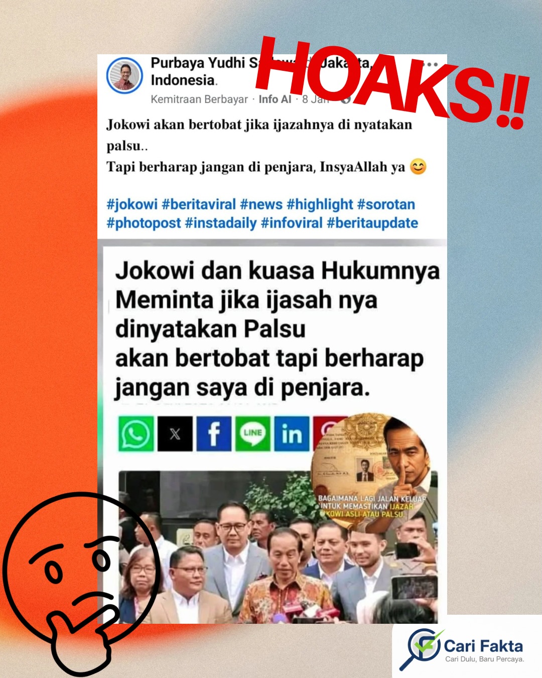 ️ WASPADA JUDUL BERITA PALSU DI MEDIA SOSIAL ️¶¶Beredar sebuah unggahan di Facebook dari akun Purbaya Yudhi Sadewa pada Kamis (8/1/2026) yang memuat tangkapan layar artikel dengan klaim bahwa Presiden ke-7 RI, Joko Widodo (Jokowi), bersama kuasa hukumnya menyatakan akan bertobat apabila ijazahnya terbukti palsu, serta berharap tidak dipenjara jika hal tersebut terjadi.¶¶Dalam keterangan unggahan tersebut tertulis:¶“Jokowi akan bertobat jika ijazahnya dinyatakan palsu… Tapi berharap jangan dipenjara, InsyaAllah, ya…”¶¶Hingga Jumat (16/1/2026), unggahan ini telah meraih sekitar 1,1 ribu tanda suka, lebih dari 1.000 komentar, dan telah dibagikan sebanyak 155 kali.¶¶Setelah dilakukan penelusuran melalui laman resmi Antara, tidak ditemukan judul berita seperti yang diklaim. Selain itu, terdapat banyak kejanggalan pada judul tersebut, seperti penggunaan huruf kapital yang tidak konsisten, kesalahan ejaan, susunan kalimat yang tidak rapi, serta pemilihan kata yang kurang efektif. Padahal, media nasional seperti Antara memiliki standar penyuntingan yang ketat, sehingga kesalahan semacam ini sangat kecil kemungkinannya muncul dalam judul resmi.¶¶Hasil penelusuran menyimpulkan bahwa klaim tersebut adalah salah dan menyesatkan (false and misleading).¶¶Follow @carifakta untuk cek fakta yang lebih kredibel dan mendalam.¶¶#CekFakta #Hoaks #BeritaPalsu #AntiHoaks #LiterasiDigital¶#MediaSosial #FaktaBukanOpini #StopDisinformasi¶#Jokowi #IsuPublik #InformasiValid #BeritaHoaks #IjazahJokowi #IjazahPalsu
