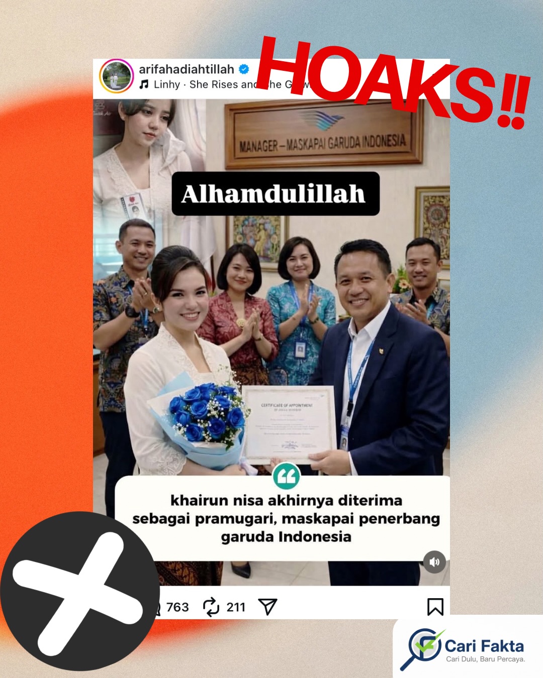 ️WASPADA KLAIM HOAKS DENGAN FOTO PALSU!️¶¶Belakangan ini beredar unggahan di Instagram yang menampilkan seorang perempuan berinisial KH bersama seorang pria berjas, sambil memegang Certificate of Appointment dan rangkaian bunga. Dalam unggahan tersebut tertulis narasi:¶“Khairun Nisa akhirnya diterima sebagai pramugari maskapai penerbangan Garuda Indonesia.”¶¶Faktanya, informasi tersebut tidak benar. Garuda Indonesia melalui Head of Corporate Communications, Dicky Irchamsyah, menegaskan bahwa klaim tersebut tidak sesuai fakta. Foto yang beredar juga diketahui merupakan hasil rekayasa kecerdasan buatan (AI).¶¶Yuk, jadi pengguna media sosial yang lebih cerdas!¶Selalu cek kebenaran informasi sebelum percaya dan membagikannya.¶¶Follow @carifakta untuk cek fakta yang kredibel dan mendalam¶¶#WaspadaHoaks #Hoaks #CekFakta #StopHoaks¶#BeritaPalsu #HoaksIndonesia #LiterasiDigital¶#BijakBermediaSosial #SaringSebelumSharing¶#FaktaBukanHoaks #AntiHoaks¶#ArtificialIntelligence #FotoPalsu #ManipulasiDigital¶#GarudaIndonesia #InfoPenerbangan #Pramugari #CariFakta