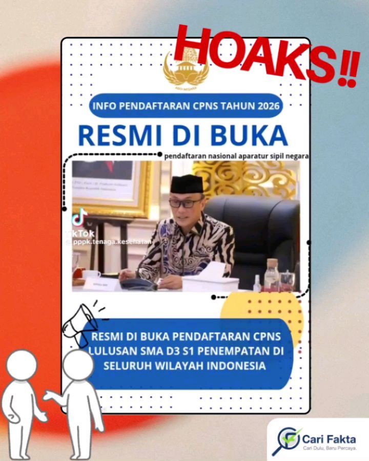 ️WASPADA TAUTAN PALSU DI MEDIA SOSIAL️¶¶Teman-teman, hati-hati ya! Saat ini beredar video di akun TikTok yang mengatasnamakan PPPK Tenaga Kesehatan dan mengklaim adanya pembukaan pendaftaran CPNS 2026. Di bio akun tersebut juga tercantum tautan yang bukan mengarah ke laman resmi sscasn.bkn.go.id, melainkan ke halaman yang meminta data pribadi seperti nama, asal provinsi, dan nomor Telegram.¶¶Perlu diketahui, hingga sekarang BKN dan KemenPAN-RB masih dalam tahap koordinasi. Belum ada pengumuman resmi terkait jadwal pendaftaran, jumlah formasi, maupun mekanisme seleksi CPNS 2026.¶¶Artinya, belum ada keputusan resmi soal pendaftaran CPNS 2026. Jadi, unggahan yang menyebut “tautan pendaftaran CPNS 2026” selain dari sscasn.bkn.go.id dapat dipastikan merupakan konten palsu.¶¶Follow @carifakta untuk cek fakta yang kredibel dan mendalam.¶¶#WaspadaHoaks #Hoaks #CariFakta #StopHoaks #CPNS2026 #PendaftaranCPNS #PendaftaranCPNS2026 #HoaksIndonesia #BeritaPalsu #BeritaCPNS #AntiHoaks #LiterasiDigital