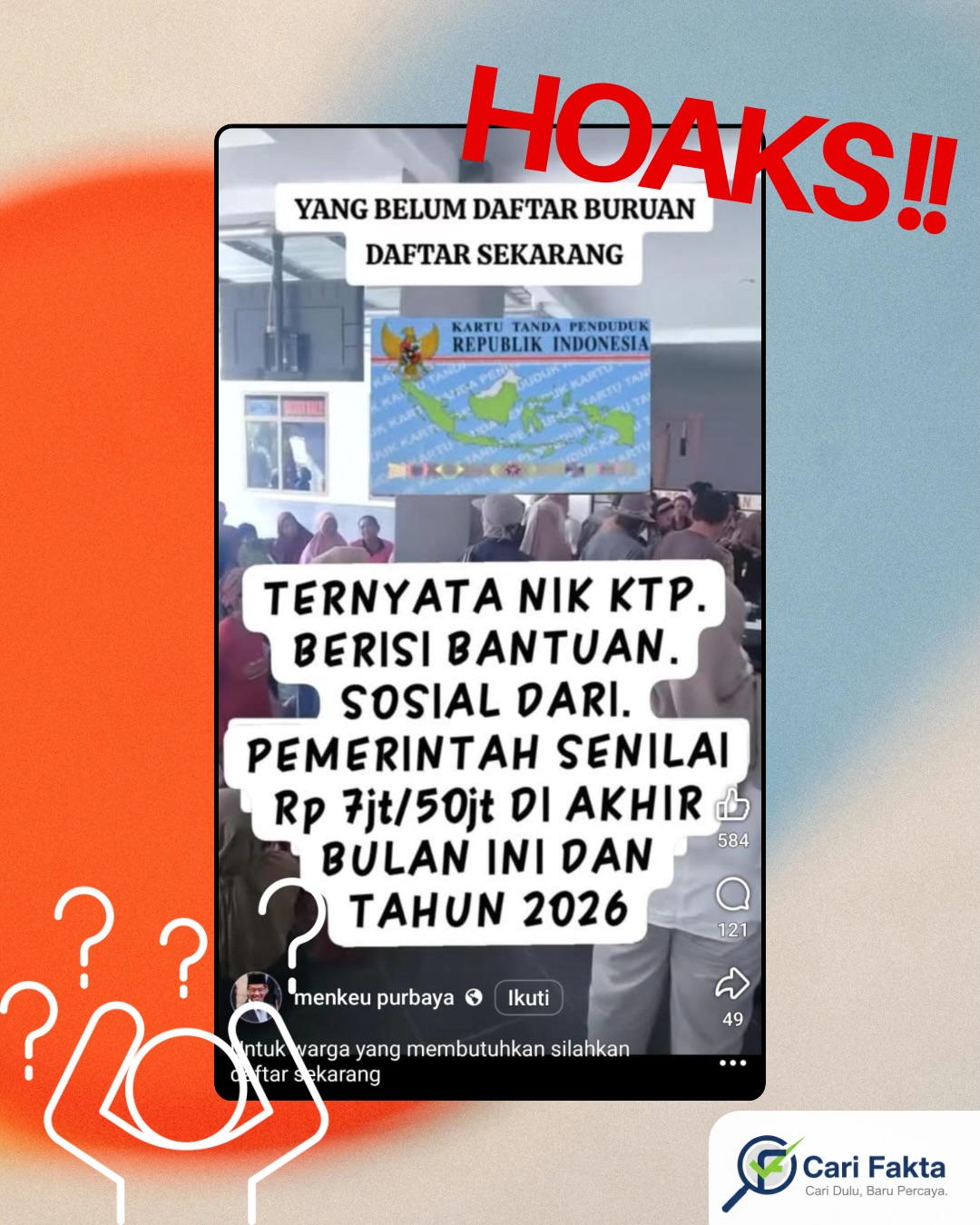 ️ WASPADA TAUTAN PALSU BANSOS DI MEDIA SOSIAL ️¶¶Beredar kembali unggahan di media sosial yang mengklaim adanya bantuan sosial Rp7 juta hingga Rp50 juta pada 2026 yang disebut berasal dari NIK KTP. Unggahan ini disertai tautan pendaftaran dan narasi seolah-olah merupakan program resmi pemerintah.¶¶Hasil penelusuran menunjukkan bahwa klaim tersebut tidak benar dan menyesatkan. Tautan yang dibagikan tidak mengarah ke situs resmi pemerintah, melainkan ke grup WhatsApp dengan skema pendaftaran melalui admin. Pola seperti ini patut dicurigai karena tidak pernah digunakan dalam mekanisme resmi penyaluran bantuan sosial pemerintah.¶¶Akun penyebar informasi tersebut juga bukan akun resmi lembaga pemerintah. Sebagai penegasan, Kementerian Sosial RI telah menyatakan bahwa tidak pernah membuat situs, tautan, atau media pendaftaran bansos di luar kanal resmi. Seluruh informasi bansos hanya dapat diakses melalui situs dan akun media sosial Kemensos yang terverifikasi.¶¶Perlu dipahami, NIK KTP tidak “berisi” bantuan sosial. NIK hanya berfungsi sebagai alat identifikasi untuk mengecek status kepesertaan bantuan sosial, bukan sebagai sumber dana atau jaminan pencairan bantuan.¶¶Kesimpulannya, klaim bantuan Rp7–50 juta yang dikaitkan dengan NIK KTP tersebut adalah hoaks. Masyarakat diimbau untuk tidak mengklik tautan mencurigakan dan tidak membagikan informasi yang belum terverifikasi.¶¶Follow @carifakta untuk cek fakta yang kredibel dan mendalam.¶¶#CariFakta #WaspadaHoaks #HoaksBansos #PenipuanDigital #LiterasiDigital #Bansos #InfoPublik #AntiHoaks #MediaSosial #BansosRakyat #Hoaks #Bansos2026
