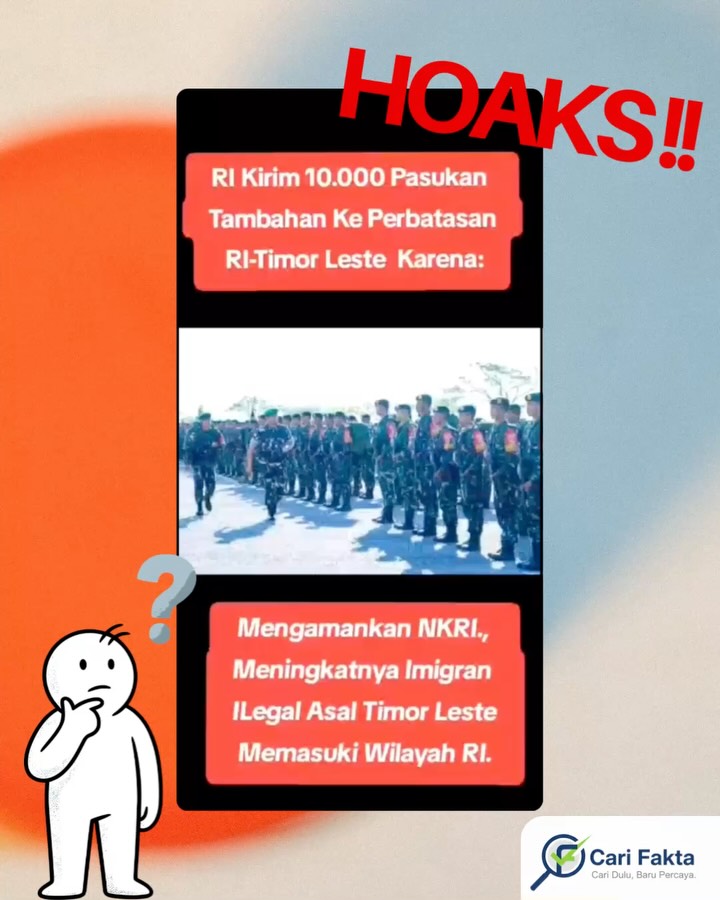 ️ Waspada Konten Menyesatkan di Media Sosial ️¶¶Beredar sebuah video di media sosial yang mengklaim Indonesia mengirim 10.000 pasukan tambahan ke perbatasan RI–Timor Leste karena meningkatnya imigran ilegal. Unggahan tersebut menarik perhatian publik dan menuai banyak interaksi.¶¶Namun setelah dilakukan penelusuran, klaim tersebut tidak benar. Foto yang digunakan dalam video merupakan dokumentasi lama dari momen penyambutan dan pergantian satuan tugas pengamanan perbatasan pada September 2025 di Kupang. Pasukan yang terlihat hanya berjumlah ratusan personel dan bertugas menggantikan satuan sebelumnya yang telah menyelesaikan masa tugasnya.¶¶Hingga saat ini, tidak ditemukan informasi atau pemberitaan kredibel yang membenarkan adanya pengiriman 10.000 pasukan ke perbatasan RI–Timor Leste maupun peningkatan imigran ilegal seperti yang diklaim. Dengan demikian, konten tersebut tergolong menyesatkan dan berpotensi memicu kesalahpahaman di masyarakat.¶¶Follow @carifakta untuk cek fakta yang kredibel dan mendalam¶¶#CariFakta #LawanHoaks #LiterasiDigital #HoaksMiliter #TNI #InformasiPublik #MediaSosial #LiterasiDigital #Hoaks #TimorLeste #FaktaBukanOpini