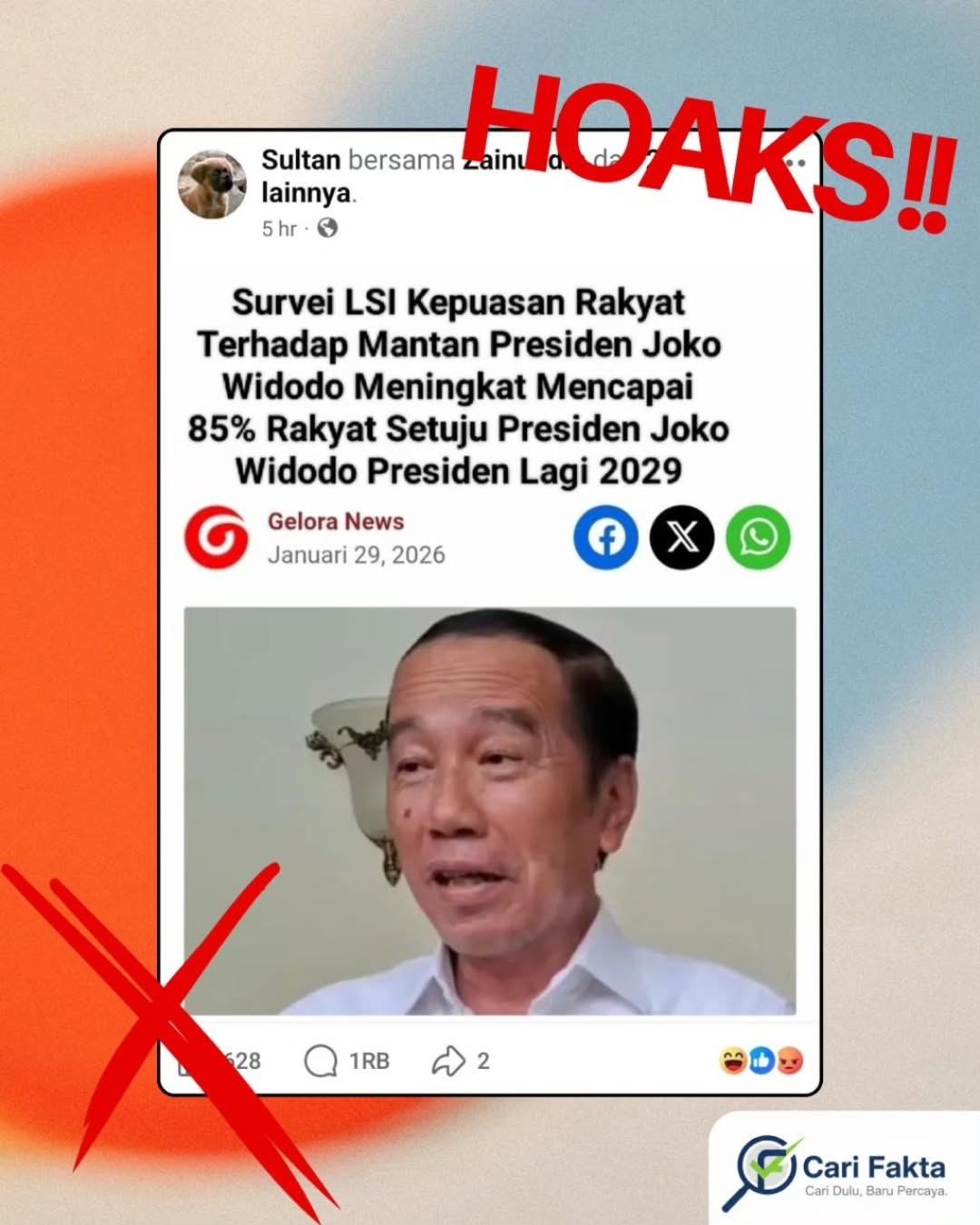 ️ Waspada Konten Palsu di Media Sosial ️¶¶Beredar unggahan di Facebook dari akun Sultan pada Kamis (29/01/2026) yang menampilkan tangkapan layar artikel berjudul “Survei LSI: Kepuasan Rakyat terhadap Mantan Presiden Joko Widodo Meningkat, 85% Setuju Jokowi Presiden Lagi 2029”. Unggahan tersebut mendapat ratusan tanda suka dan ribuan komentar, namun setelah ditelusuri, judul dan klaim survei tersebut tidak ditemukan pada sumber mana pun yang kredibel. Penelusuran justru mengarah pada artikel gelora.co berjudul “Diterpa Banyak Kasus, Kegelisahan Jokowi Tidak akan Usai” yang memuat pernyataan Rocky Gerung dan tidak berkaitan dengan survei LSI. Hingga kini, tidak ada pernyataan resmi atau pemberitaan terpercaya yang membenarkan klaim bahwa 85% masyarakat setuju Jokowi kembali menjadi presiden, sehingga dapat disimpulkan bahwa konten tersebut merupakan hasil manipulasi informasi.¶¶Yuk, lebih cermat menerima informasi dan biasakan cek fakta sebelum membagikannya.¶¶Follow @carifakta untuk cek fakta yang kredibel dan mendalam.¶¶#CekFaktaHoaks #HoaksJokowi #SurveiLSI #KontenManipulatif #DisinformasiPolitik HoaksMediaSosial FaktaValid Carifakta