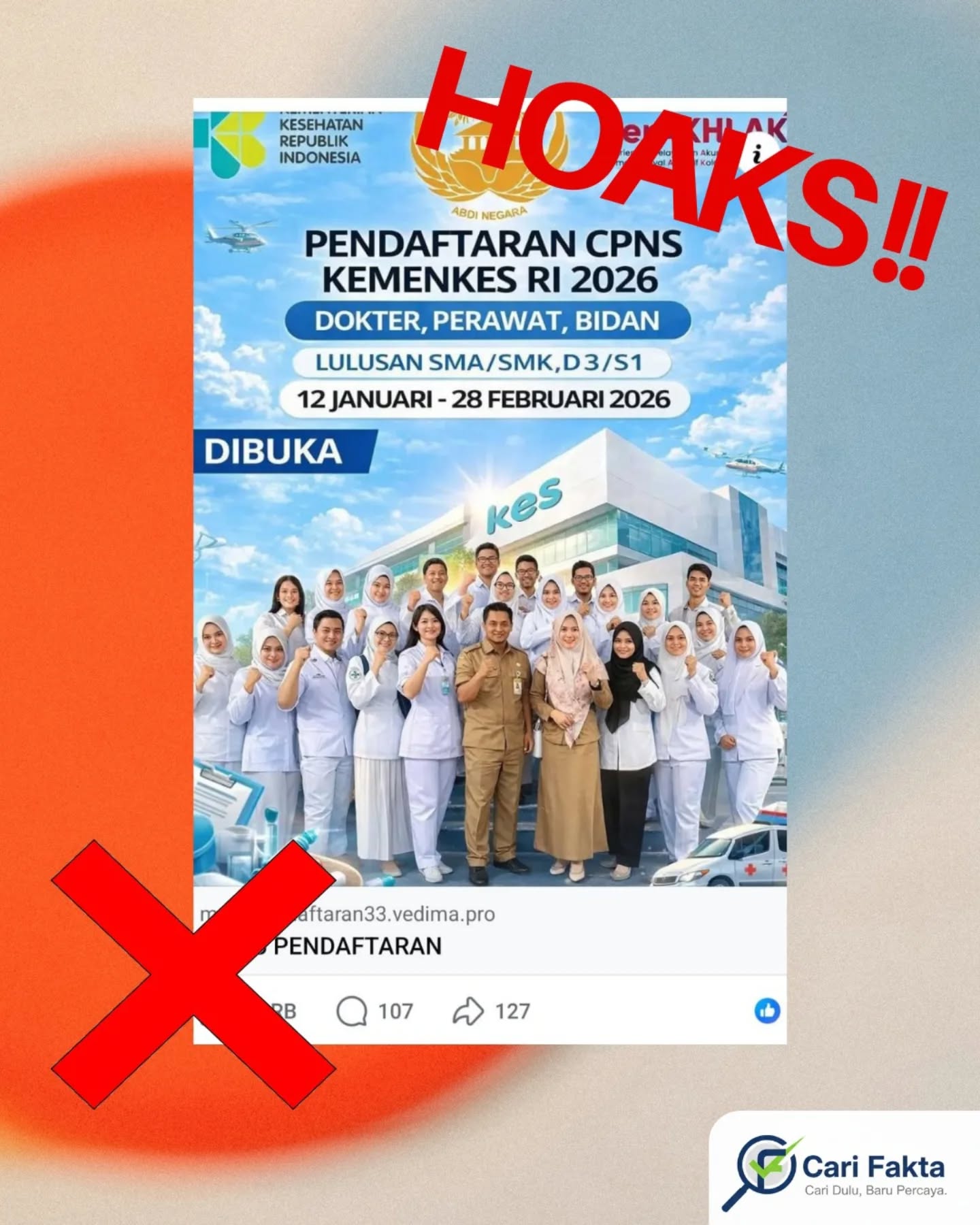 ️Waspada Informasi Menyesatkan di Social Media️¶¶Beredar sebuah unggahan di Facebook dari akun Fajar Vallen pada 20 Januari 2026 dengan judul “RESMI SELEKSI KEMENKES TAHUN 2026 DIBUKA”. Unggahan tersebut menarik perhatian publik dan telah memperoleh ribuan tanda suka serta ratusan komentar.¶¶Namun, berdasarkan hasil penelusuran dan verifikasi fakta, tidak ditemukan informasi resmi dari portal SSCASN yang dikelola oleh Badan Kepegawaian Negara (BKN) yang menyatakan bahwa seleksi Kementerian Kesehatan tahun 2026 telah dibuka. Dengan demikian, informasi tersebut tidak benar (hoaks) dan bersifat menyesatkan.¶¶Masyarakat dihimbau untuk selalu waspada dan berhati-hati terhadap informasi yang beredar di media sosial. Pastikan untuk memeriksa kebenaran sumber informasi melalui kanal resmi sebelum mempercayai atau menyebarkan berita, guna mencegah penyebaran hoaks yang dapat merugikan banyak pihak.¶¶Follow @carifaktaid untuk cek informasi yang kredibel dan mendalam¶¶#Carifakta #cekhoax #cekfakta #stophoax