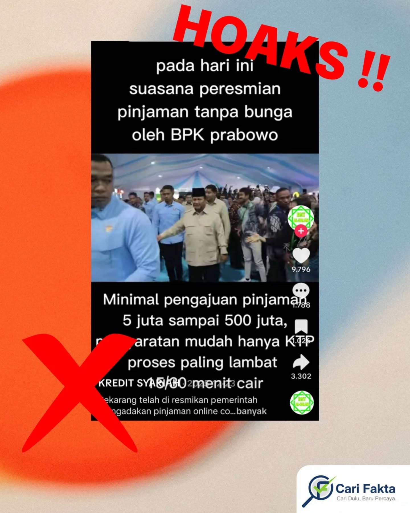 ️Waspada narasi berita hoaks di sosial media ️¶¶Beredar sebuah video di media sosial TikTok yang diunggah oleh akun Kredit Syariah. Video tersebut menampilkan narasi mengenai peresmian program pinjaman tanpa bunga oleh Prabowo Subianto.¶¶Faktanya, narasi dalam video tersebut adalah hoaks. Tidak ditemukan informasi valid dari sumber mana pun yang mendukung klaim tersebut. Selain itu, tautan yang dicantumkan pada bio akun justru mengarah ke halaman pengisian data pribadi serta formulir pengajuan pinjaman online.¶¶Yuk, lebih berhati-hati dalam menerima dan menyebarkan informasi, terutama yang belum terverifikasi kebenarannya.¶¶Follow @carifaktaid untuk cek informasi yang kredibel dan mendalam¶¶#hoak #Carifakta #cekfakta #stophoaxs