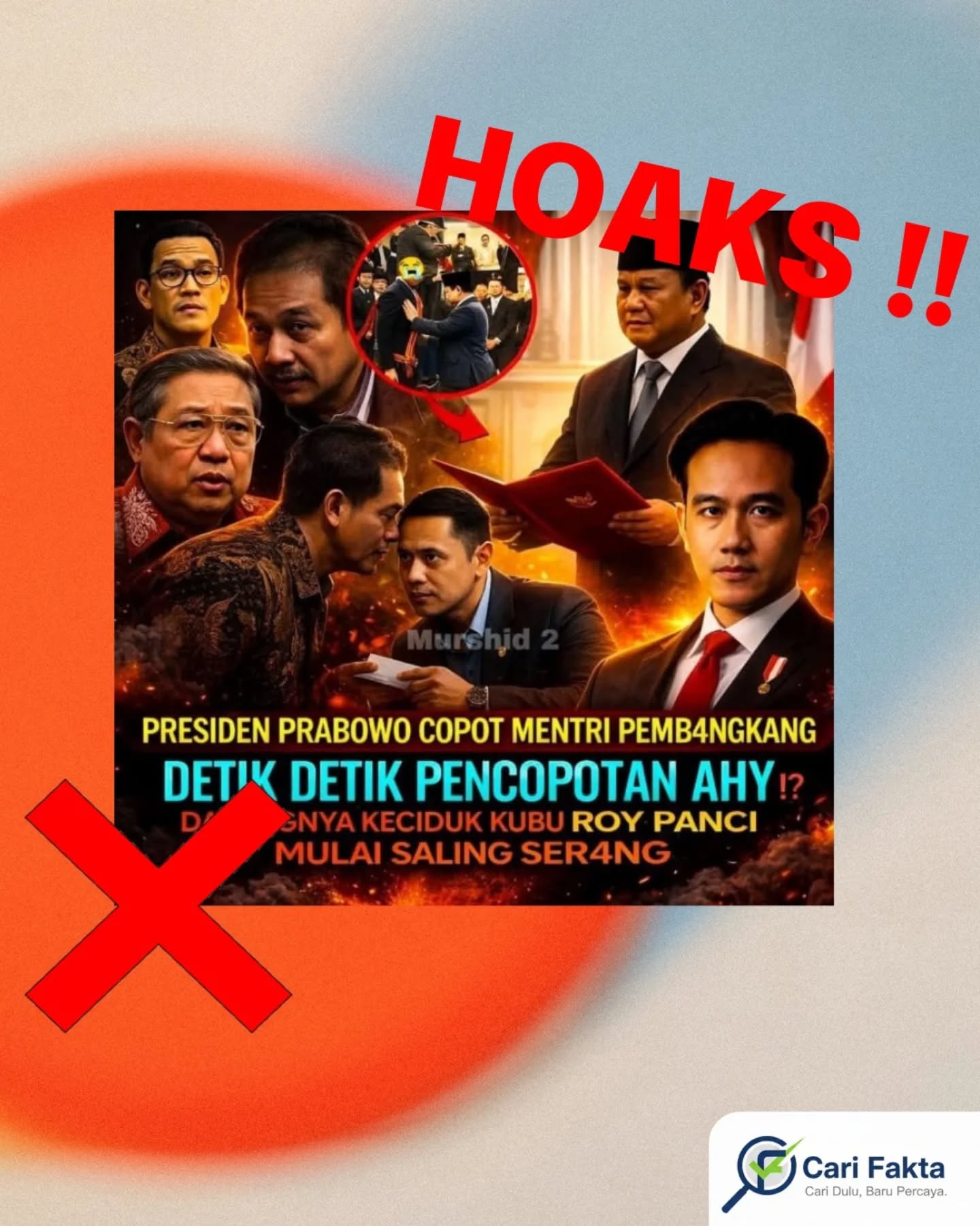 "Waspada Unggahan Palsu di Sosial Media ️" ¶¶Beredar unggahan di Facebook pada 6 Februari 2026 yang menarasikan bahwa Presiden Prabowo Subianto mencopot Agus Harimurti Yudhoyono (AHY) dari jabatan Menteri Koordinator Bidang Infrastruktur dan Pembangunan Kewilayahan (Menko IPK).¶¶Faktanya, informasi tersebut tidak benar. Berdasarkan penelusuran tim carifakta, tidak ditemukan sumber resmi maupun bukti kredibel terkait klaim pemecatan tersebut. Hingga saat ini, melalui situs resmi Kemenko IPK, Agus Harimurti masih tercatat sebagai Menko IPK sejak dilantik pada 20 Oktober 2024. ¶Meski Presiden Prabowo telah melakukan reshuffle kabinet sebanyak dua kali, nama AHY tidak termasuk dalam daftar menteri yang diganti.¶¶Yuk, lebih cermat menerima informasi dan biasakan cari fakta sebelum membagikannya¶¶Follow @carifaktaid untuk cek informasi yang kredibel dan mendalam