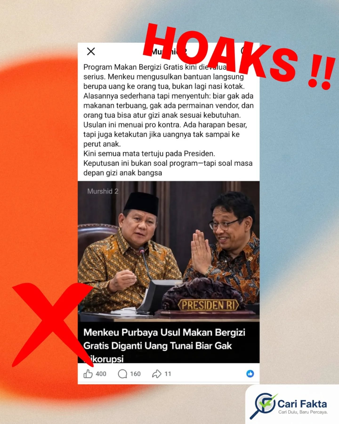 ️Waspada Narasi Hoaks di Sosial Media️Beredar unggahan di Facebook yang mengklaim bahwa Program Makan Bergizi Gratis (MBG) akan diganti dengan skema pembagian uang tunai kepada masyarakat. Informasi tersebut tidak benar dan berpotensi menyesatkan publik.Dilansir dari ANTARA News, Badan Gizi Nasional (BGN) menegaskan bahwa bantuan tidak diberikan dalam bentuk uang tunai karena dinilai kurang efektif serta berisiko tidak tepat sasaran. Skema penyaluran makanan bergizi secara langsung dipilih untuk memastikan anak-anak benar-benar menerima asupan gizi yang dibutuhkan.Pemerintah juga menyampaikan bahwa berbagai ide dan masukan terkait pelaksanaan MBG memang terus dibahas. Namun, konsep yang saat ini dijalankan oleh BGN dinilai sebagai metode paling tepat untuk menjaga kualitas gizi, pengawasan distribusi, serta memastikan program berjalan sesuai tujuan.Yukk, lebih bijak dalam menerima dan menyebarkan informasi di media sosial. Pastikan kebenaran berita dengan merujuk pada sumber resmi dan terpercaya agar tidak ikut menyebarkan hoaks yang dapat menimbulkan kesalahpahaman di tengah masyarakat.