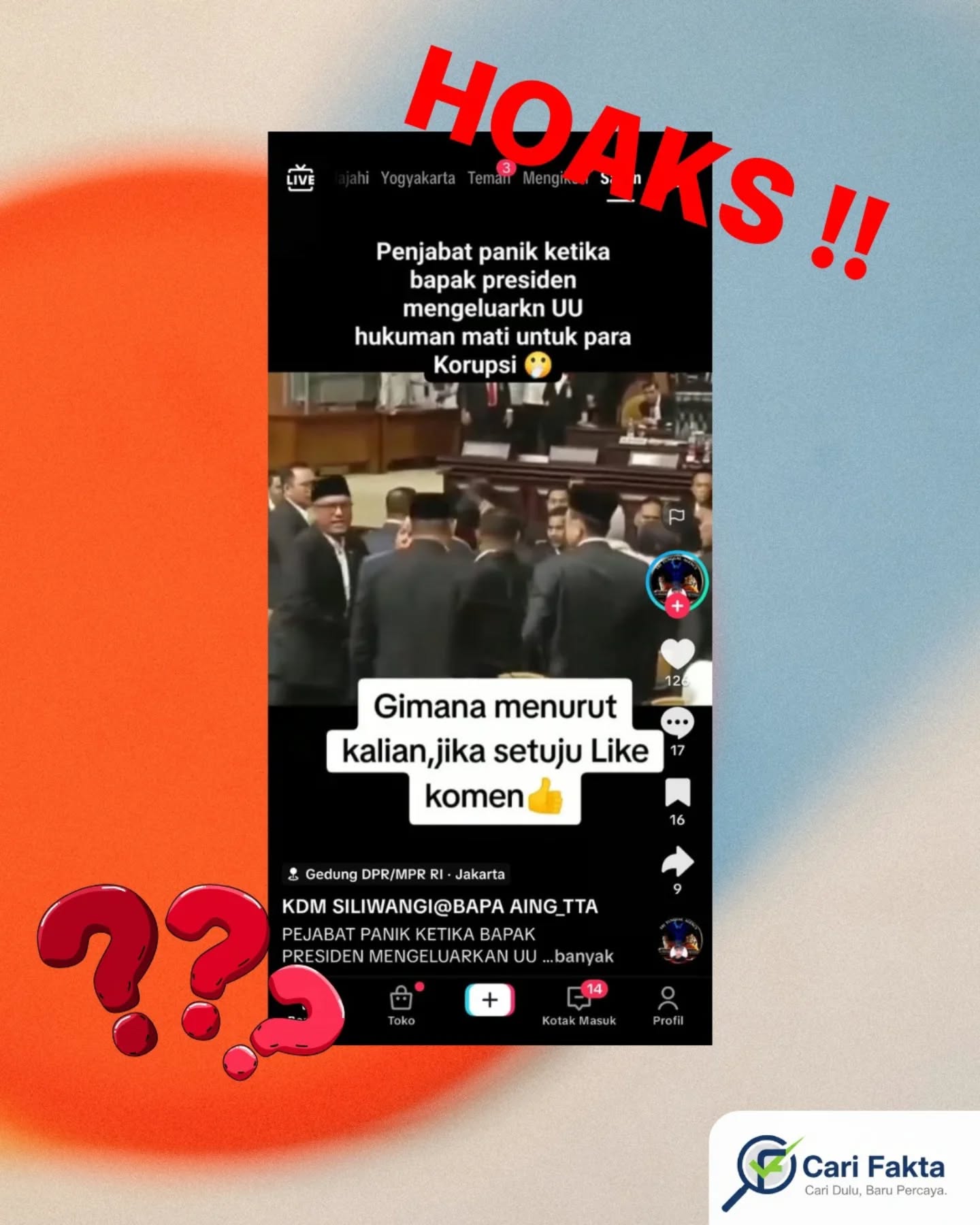 ️Waspada Narasi Hoaks di Sosial Media️Beredar sebuah unggahan di media sosial TikTok yang menarasikan bahwa Presiden Prabowo Subianto resmi menerbitkan Peraturan Pemerintah Pengganti Undang-Undang (Perppu) terkait pemberlakuan hukuman mati bagi para koruptor. Dalam video tersebut juga dicantumkan klaim bernada sensasional, yakni “Pejabat panik ketika Bapak Presiden mengeluarkan UU hukuman mati untuk para koruptor.” Narasi ini dengan cepat menyebar dan memicu beragam reaksi serta perdebatan di kalangan warganet.Unggahan tersebut seolah menggambarkan adanya kebijakan baru yang tegas dan drastis terhadap pelaku tindak pidana korupsi. Namun setelah ditelusuri, klaim tersebut tidak berdasar. Dilansir dari Antaranews.com, tidak ditemukan adanya Perppu maupun regulasi baru yang secara khusus mengatur hukuman mati bagi pejabat atau pelaku korupsi sebagaimana disebutkan dalam narasi yang beredar.Hingga saat ini, tidak ada pengumuman resmi dari pemerintah maupun dokumen peraturan perundang-undangan yang mendukung klaim tersebut. Dengan demikian, informasi yang menyatakan Presiden telah menerbitkan Perppu tentang hukuman mati bagi koruptor dapat dipastikan sebagai hoaks. Masyarakat diimbau untuk selalu memeriksa kebenaran informasi melalui sumber resmi sebelum membagikannya agar tidak ikut menyebarkan kabar yang belum tentu benar.