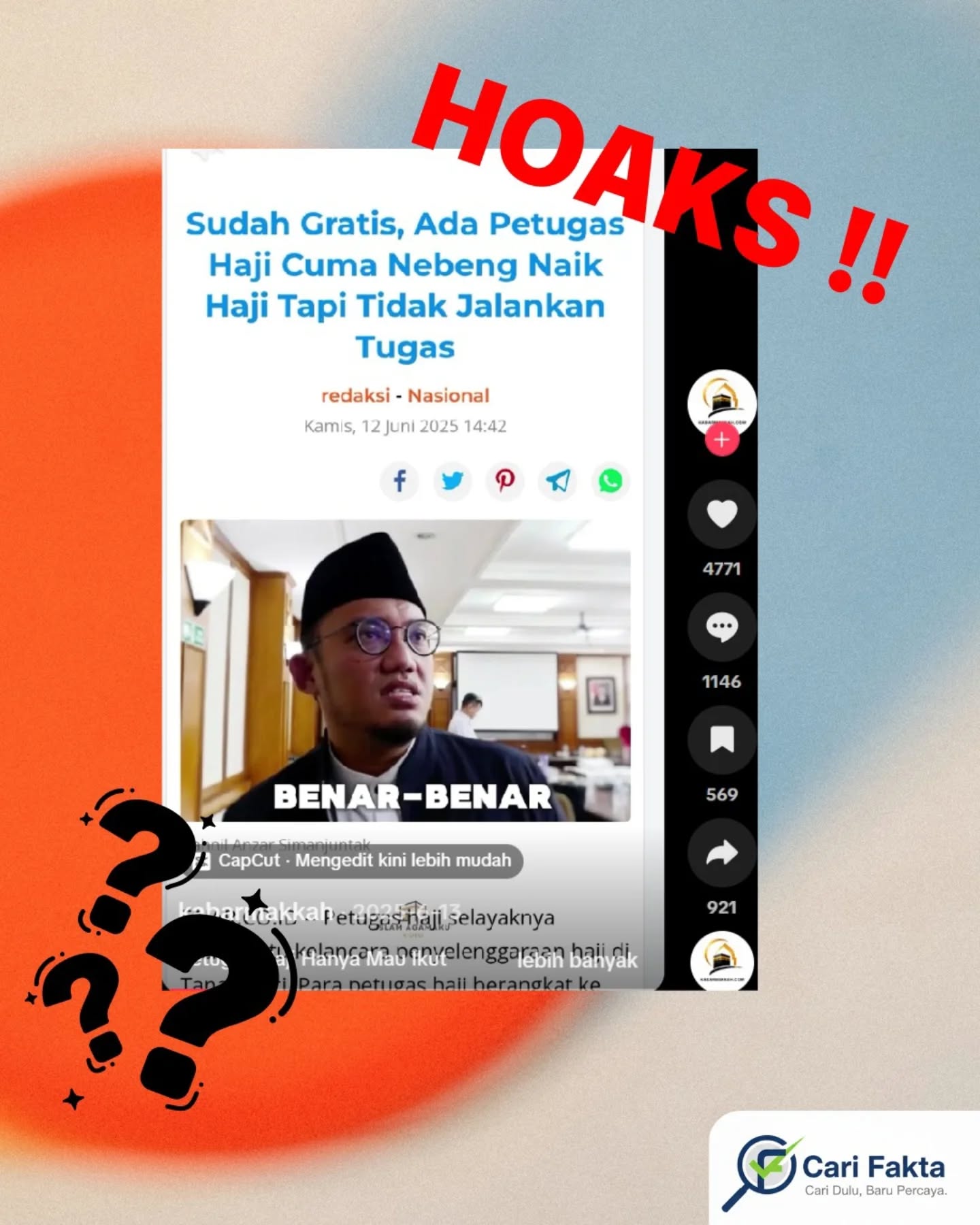 ️ Waspada Narasi Hoaks di Sosial Media️Beredar unggahan di media sosial TikTok yang memuat narasi hoaks bahwa petugas haji hanya “nebeng haji” serta menawarkan keberangkatan haji gratis melalui jalur petugas. Narasi tersebut juga menuding petugas haji tidak profesional dan tidak memberikan pelayanan yang baik kepada jamaah, sehingga memicu serangan warganet ke akun media sosial Kementerian Agama Republik Indonesia.Faktanya, Petugas Penyelenggara Ibadah Haji (PPIH) bertugas melayani jamaah selama 24 jam, mencakup layanan kesehatan, bimbingan ibadah, perlindungan jamaah lanjut usia, hingga pendampingan di berbagai situasi darurat. Biaya operasional petugas haji tidak berasal dari setoran jamaah, melainkan dialokasikan melalui Anggaran Pendapatan dan Belanja Negara (APBN) serta nilai manfaat yang dikelola secara transparan untuk memastikan jamaah dapat beribadah dengan aman, nyaman, dan tertib.Yuk, lebih cermat menerima informasi yang ada dan biasakan cari fakta sebelum membagikannya Follow @carifaktaid untuk informasi yang kredibel dan mendalam