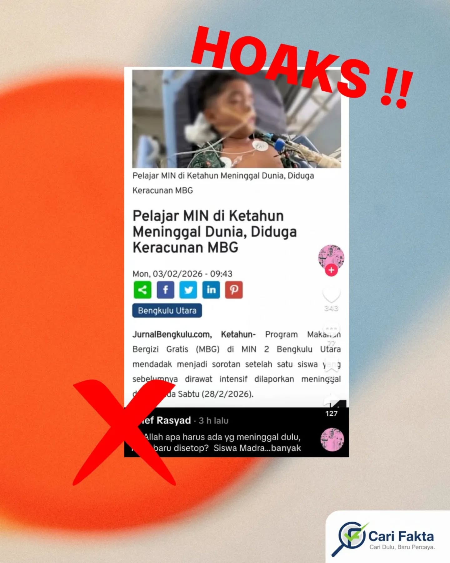 ️ Waspada Informasi Hoaks di Sosial Media️Beredar narasi di media sosial TikTok yang menyebutkan seorang pelajar dari Madrasah Ibtidaiyah Negeri 2 Bengkulu Utara meninggal dunia diduga akibat mengonsumsi makanan dari program Makan Bergizi Gratis (MBG). Informasi tersebut dengan cepat menyebar dan menimbulkan kekhawatiran di masyarakat.Namun, klaim tersebut tidak benar. Berdasarkan hasil pemeriksaan medis di Rumah Sakit Bhayangkara, pemindaian CT Scan menunjukkan bahwa korban mengalami pendarahan otak. Selain itu, hasil uji laboratorium yang dilakukan oleh Badan Pengawas Obat dan Makanan (BPOM) terhadap sampel makanan program MBG juga menyatakan tidak ditemukan bakteri E coli maupun indikasi pencemaran lainnya.Dengan demikian, narasi yang mengaitkan kematian pelajar tersebut dengan program MBG merupakan informasi hoaks yang tidak didukung oleh fakta hasil pemeriksaan medis maupun uji laboratorium. Masyarakat diimbau untuk selalu memverifikasi informasi sebelum menyebarkannya agar tidak menimbulkan kesalahpahaman di ruang publik.Follow @carifaktaid untuk informasi yang kredibel dan mendalam
