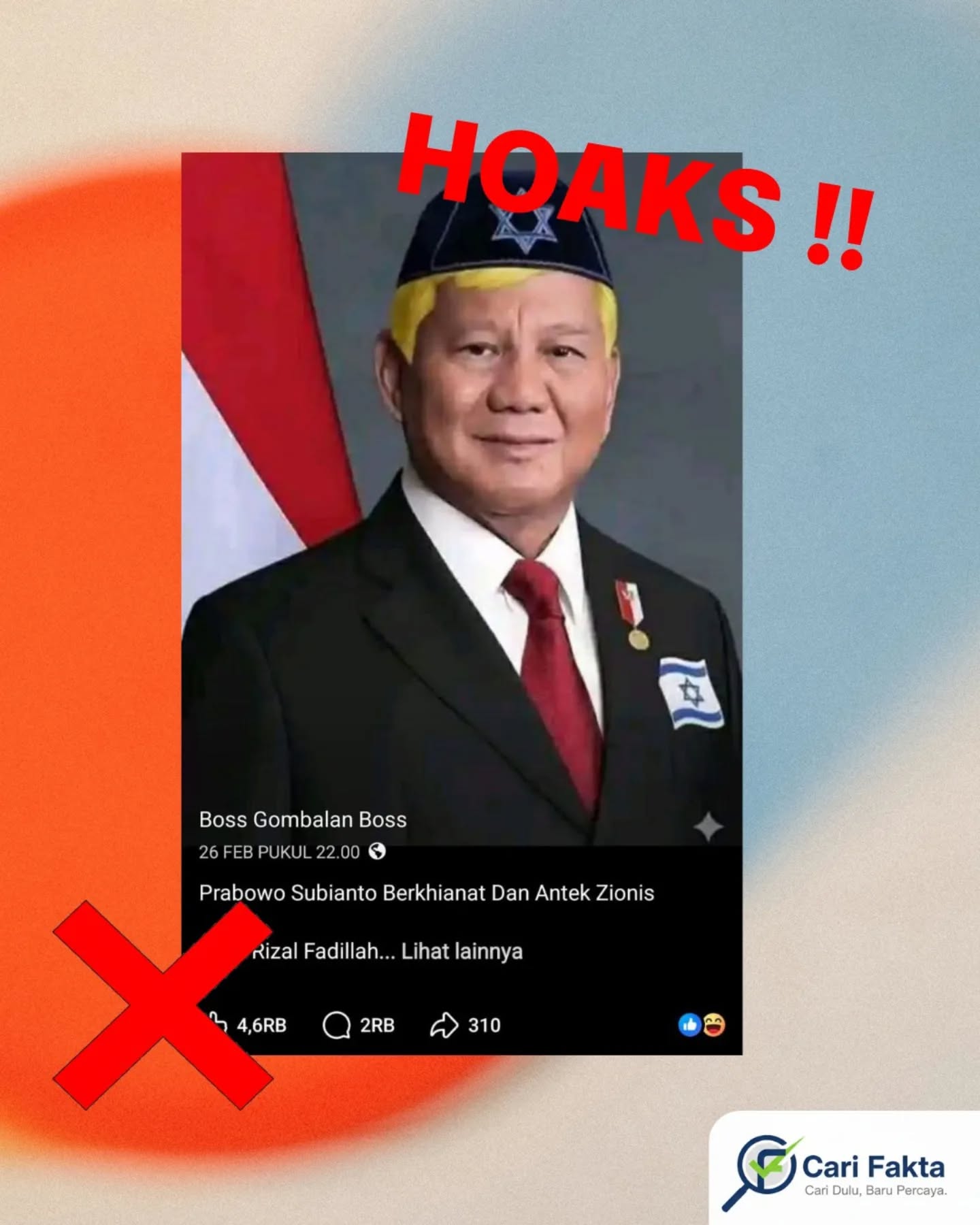 ️Waspada Narasi Hoaks Hasil Manipulasi Digital ️Beredar di media sosial Facebook sebuah unggahan yang menampilkan foto meme Presiden Prabowo Subianto mengenakan peci dengan lambang bendera Israel. Unggahan tersebut disertai narasi yang menuding bahwa Presiden Prabowo mendukung Israel dan memiliki kedekatan khusus dengan negara tersebut. Konten ini pun dengan cepat menyebar dan memicu beragam reaksi dari warganet.Namun, setelah ditelusuri, informasi tersebut tidak benar. Foto yang beredar merupakan hasil manipulasi digital yang tidak mencerminkan kondisi sebenarnya. Tidak ditemukan bukti kredibel dari sumber mana pun yang menyatakan bahwa Presiden Prabowo pernah mengenakan peci dengan lambang bendera Israel.Kesimpulannya, unggahan tersebut merupakan hoaks yang sengaja dibuat untuk memprovokasi dan menyesatkan opini publik.Mari bijak bermedia sosial. Selalu cek kebenaran informasi dari sumber terpercaya sebelum membagikannya, agar tidak ikut menyebarkan hoaks yang dapat merugikan banyak pihak.