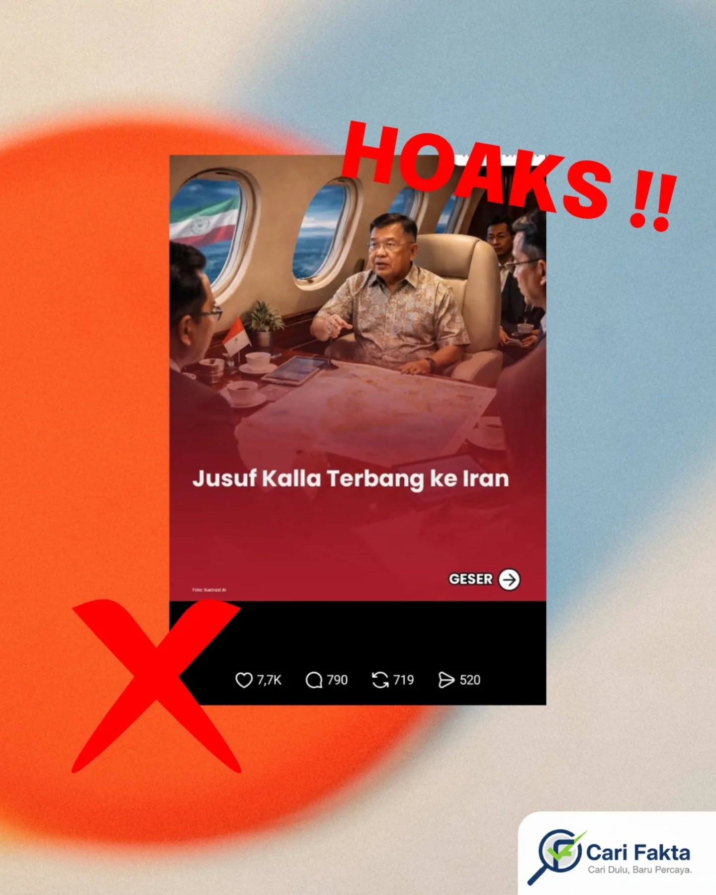 ️Waspada Narasi Hoaks di Sosial Media️Beredar unggahan di media sosial yang mengklaim bahwa mantan Wakil Presiden RI, Jusuf Kalla, melakukan perjalanan ke Iran untuk menjalankan misi perdamaian di tengah memanasnya situasi konflik Iran, AS dan Israel. Narasi ini pun ramai diperbincangkan warganet dan memicu beragam spekulasi.Faktanya, klaim tersebut tidak benar (hoaks). Juru bicara Jusuf Kalla, Husain Abdullah, telah menegaskan bahwa video yang beredar bukanlah perjalanan ke Iran. Jusuf Kalla memang tengah menghadiri sejumlah agenda dialog perdamaian di beberapa kota di kawasan ASEAN pada tanggal 25–28 Maret 2026, namun tidak melakukan kunjungan ke Teheran, Iran.Kesimpulannya informasi yang menyebut Jusuf Kalla pergi ke Iran untuk misi perdamaian adalah keliru dan menyesatkan.Masyarakat dihimbau selalu lakukan cek dan ricek sebelum mempercayai atau membagikan informasi. Pastikan sumber berita berasal dari kanal resmi dan media kredibel. Jangan mudah terprovokasi oleh narasi yang belum terverifikasi agar kita tidak ikut menyebarkan hoaks di ruang digital.