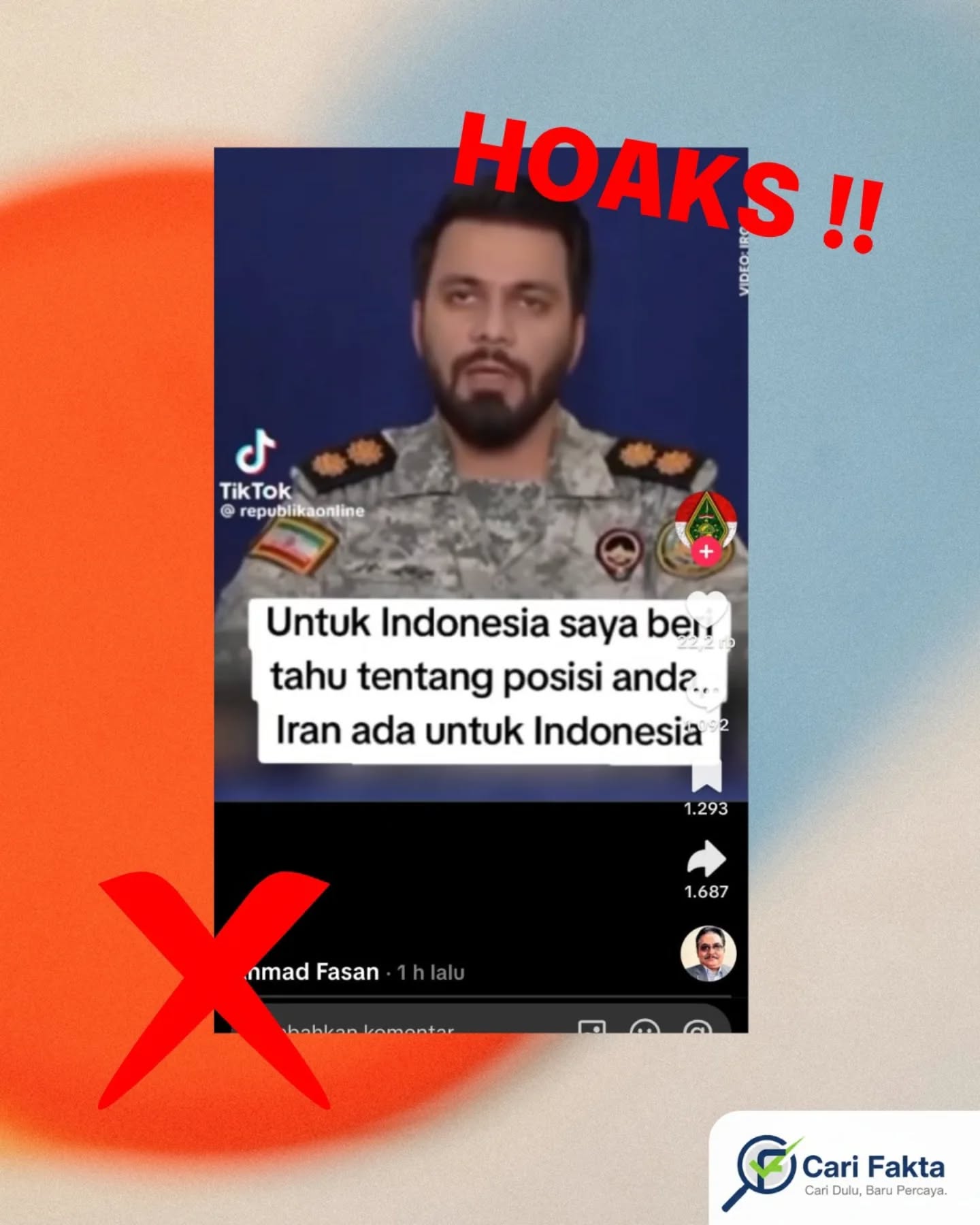 ️Waspada Narasi Hoaks di Sosial Media️ Beredar sebuah unggahan di media sosial TikTok yang menampilkan pernyataan yang diklaim berasal dari juru bicara militer Iran, dengan klaim narasi yang menyatakan isu hubungan dengan indonesia dan isu korupsi. Konten tersebut dengan cepat menyebar dan memicu berbagai reaksi dari warganet.Setelah ditelusuri, klaim tersebut tidak benar dan bersifat menyesatkan. Video yang beredar merupakan potongan dari konferensi pers resmi Juru Bicara Militer Iran, Letkol Ebrahim Zolfaghari. Dalam pernyataan aslinya, ia tidak pernah menyebut Indonesia, melainkan menyampaikan klaim terkait situasi militer di Timur Tengah, khususnya mengenai pangkalan militer Amerika Serikat di kawasan tersebut.Penyebaran potongan video tanpa konteks ini berpotensi menimbulkan kesalahpahaman dan persepsi yang keliru di masyarakat.Masyarakat diimbau untuk selalu bijak dalam menerima dan membagikan informasi. Lakukan cek dan ricek dari sumber resmi serta terpercaya sebelum menyebarkan konten di media sosial, agar tidak turut memperluas penyebaran hoaks dan disinformasi.