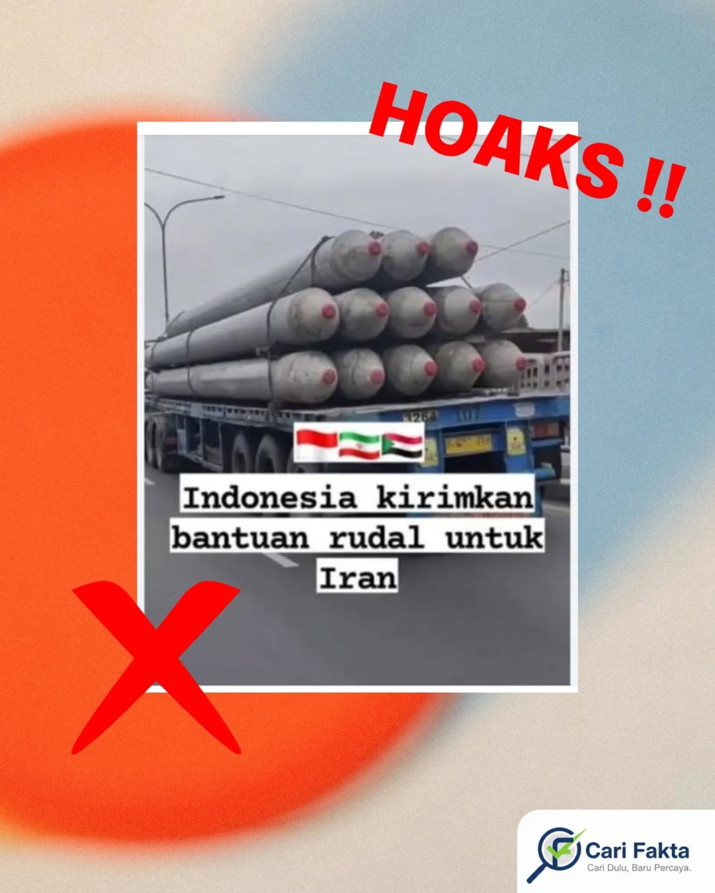 ️Waspada Narasi Hoaks di sosial Media️Beredar unggahan di media sosial yang mengeklaim Indonesia mengirimkan rudal ke Iran. Narasi ini ramai diperbincangkan dan menimbulkan kekhawatiran publik.Faktanya, klaim tersebut tidak benar atau Hoaks. Benda yang terlihat di atas truk dalam unggahan tersebut bukanlah rudal, melainkan paku bumi atau tiang pancang beton yang biasa digunakan dalam proyek konstruksi. Bentuknya yang panjang memang sekilas menyerupai rudal, sehingga mudah menimbulkan salah persepsi.Sebelum membagikan informasi periksa kebenarannya dari sumber terpercaya, jangan mudah terpancing narasi sensasional dan hindari menyebarkan informasi yang belum jelas kebenarannyaBijak bermedia sosial adalah tanggung jawab kita bersama