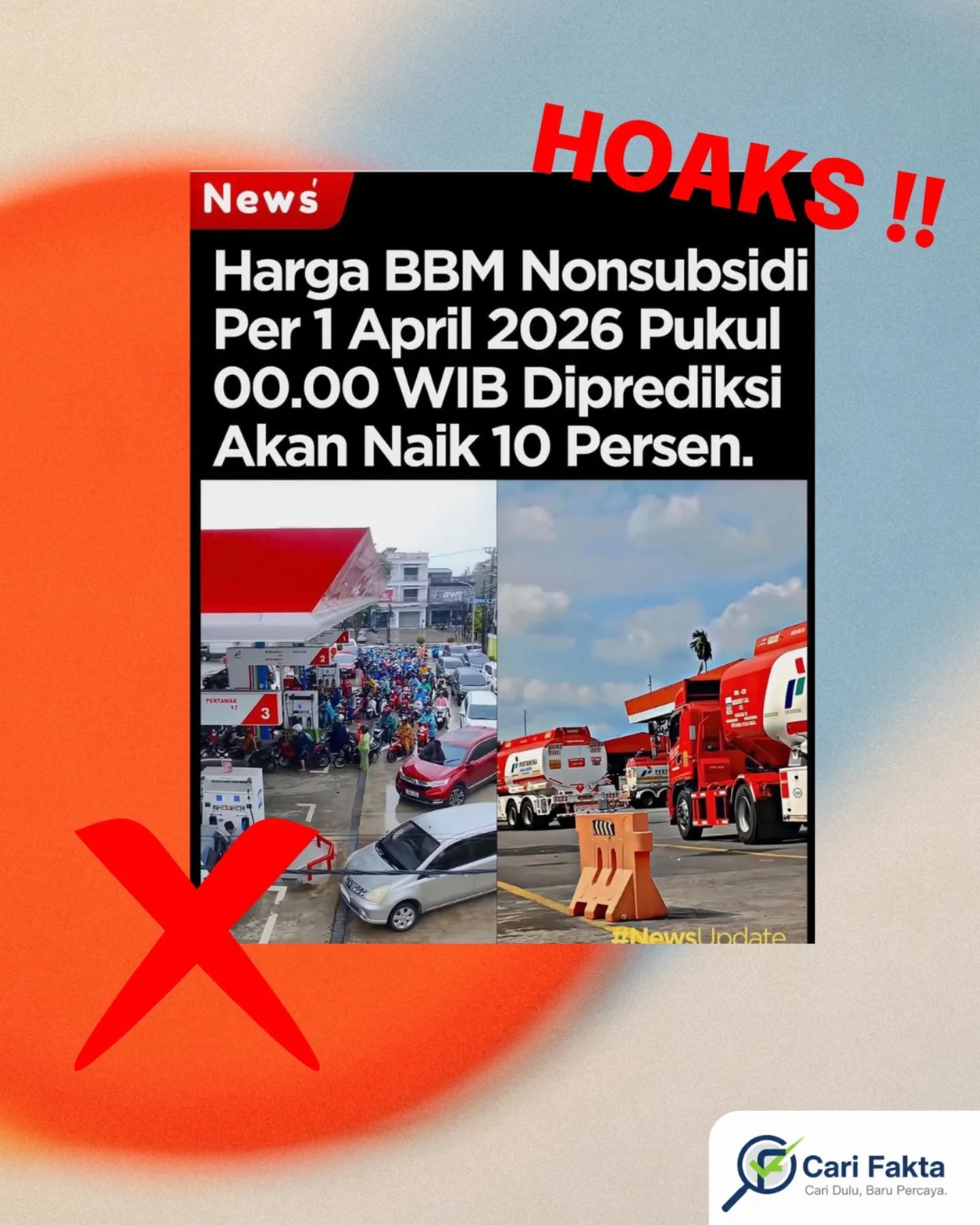 ️Waspada Narasi Hoaks️Beredar klaim di Facebook yang menyebut Bahlil Lahadalia mengumumkan kenaikan harga BBM sebesar 10% mulai 1 April 2026. Informasi ini ramai dibagikan dan menimbulkan keresahan di masyarakat.Faktanya, klaim tersebut tidak benar. Bahlil tidak pernah menyampaikan adanya rencana kenaikan harga BBM. Pernyataan yang beredar merupakan salah tafsir dari penjelasannya terkait mekanisme harga BBM non-subsidi yang memang sudah diatur dalam regulasi Kementerian ESDM sejak tahun 2022. Regulasi ini mengatur penyesuaian harga untuk BBM industri dan non-industri, bukan kenaikan sepihak seperti yang diklaim.Lebih lanjut, Bahlil juga menegaskan bahwa harga BBM subsidi tetap aman dan tidak mengalami kenaikan, meskipun harga minyak mentah dunia saat ini tengah berfluktuasi. Pemerintah tetap berupaya menjaga stabilitas harga agar tidak membebani masyarakat.Masyarakat diimbau untuk selalu memeriksa kebenaran informasi sebelum membagikannya. Jangan mudah terprovokasi oleh narasi yang belum jelas sumbernya. Mari bersama-sama bijak bermedia sosial dan cegah penyebaran hoaks.