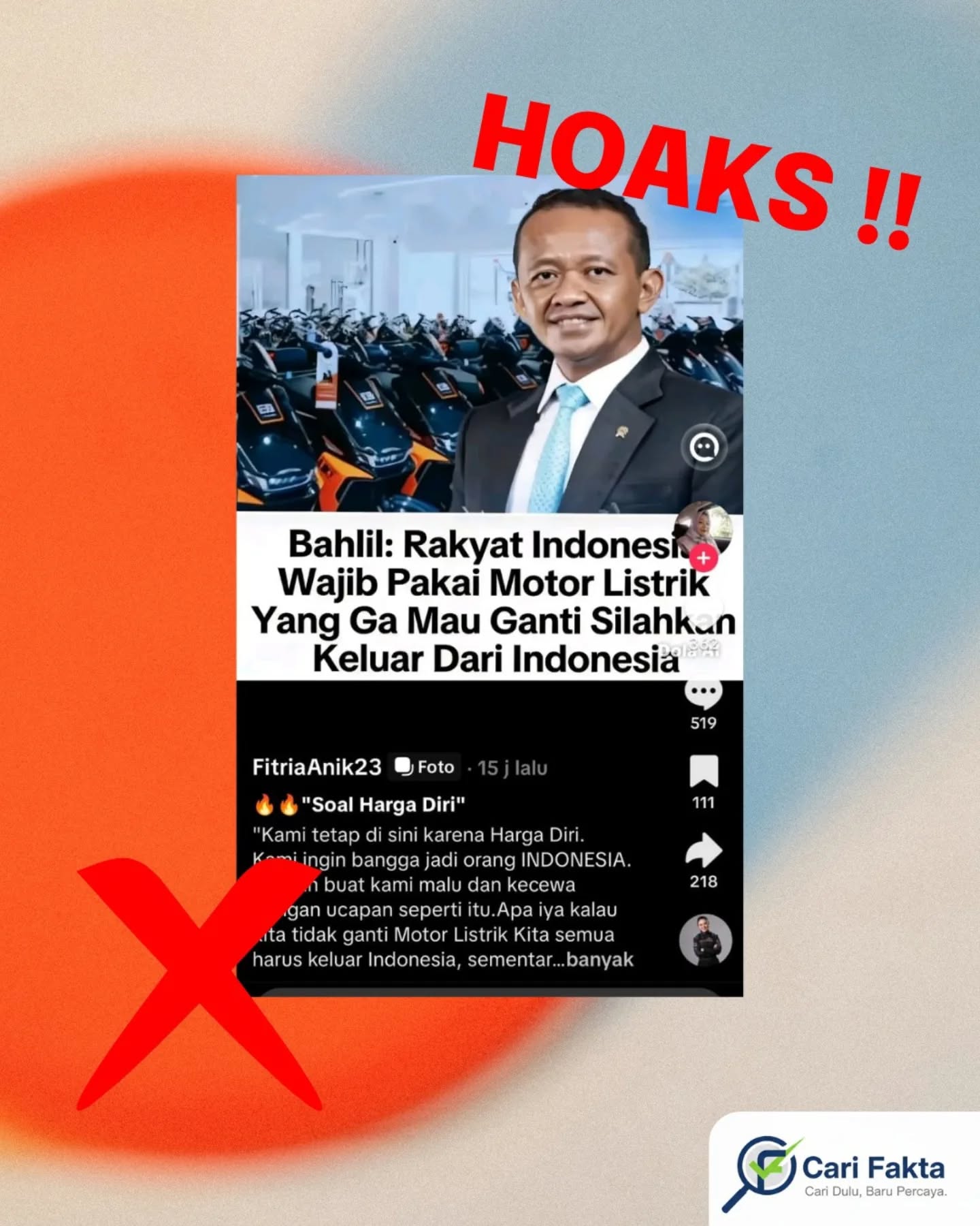 ️Waspada Berita Hoaks di Sosial Media️Beredar unggahan di sosial media Facebook yang mengeklaim bahwa Menteri ESDM Bahlil Lahadalia mewajibkan masyarakat Indonesia menggunakan sepeda motor listrik dan akan mengusir warga yang tidak mematuhinya.Faktanya, informasi tersebut tidak benar. Berdasarkan penelusuran Kompas.com, tidak ada bukti pernyataan Bahlil yang menyebutkan kewajiban tersebut maupun ancaman pengusiran. Bahlil memang menjabat sebagai Ketua Satgas Percepatan Transisi Energi, namun tidak pernah mengeluarkan pernyataan seperti yang beredar.Masyarakat diimbau untuk selalu mengecek kebenaran informasi dari sumber resmi sebelum membagikannya, serta tidak mudah terprovokasi oleh narasi yang belum terverifikasi agar tidak turut menyebarkan hoaks.