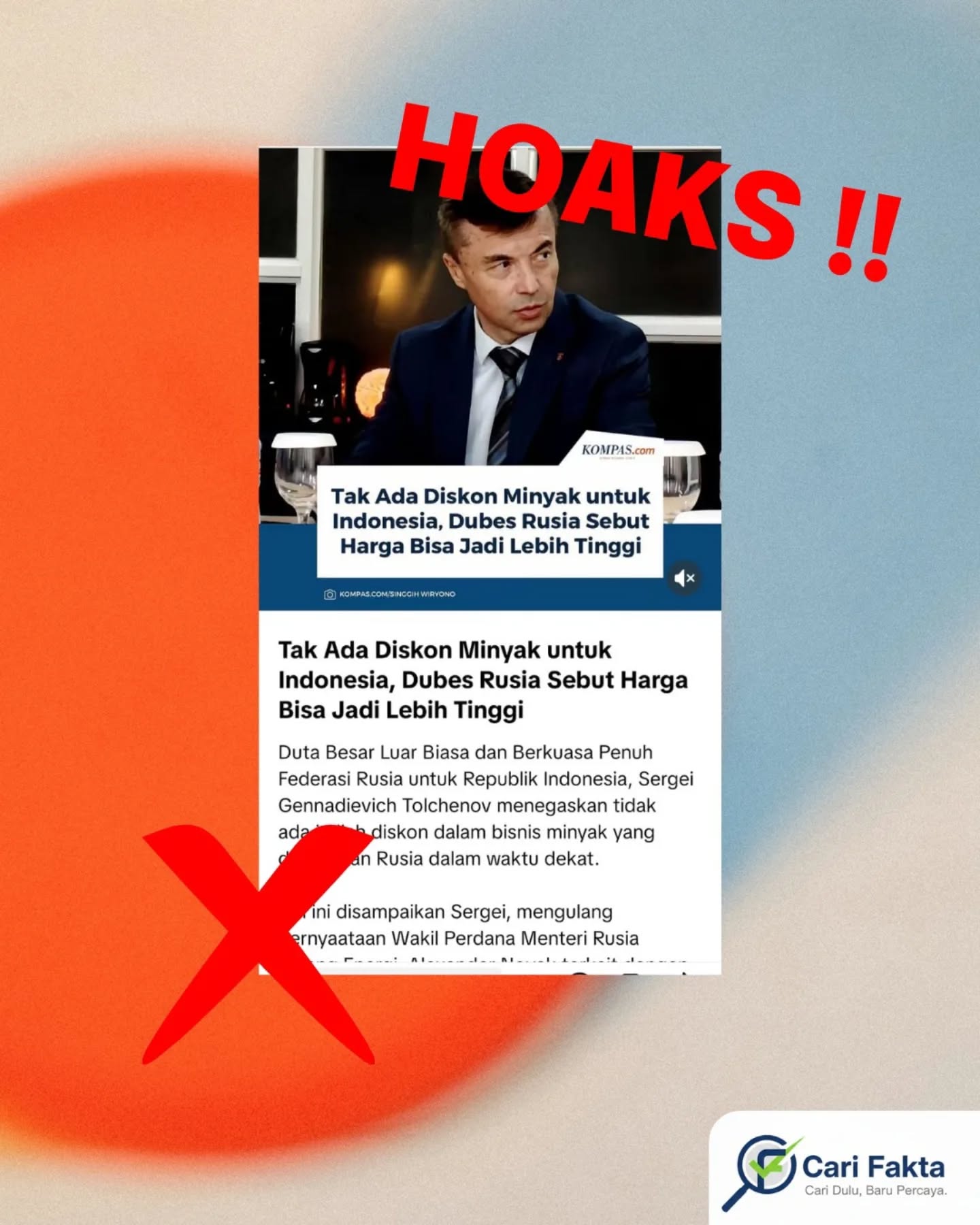 ️Waspada Berita Hoaks ️Beredar pemberitaan dari Harian Kompas dengan judul “Tak Ada Diskon Minyak untuk Indonesia, Dubes Rusia Sebut Harga Bisa Jadi Lebih Tinggi”.Faktanya, judul dan isi berita tersebut dinilai tidak benar dan menyesatkan.Kedutaan Besar Rusia di Indonesia memberikan klarifikasi bahwa pemberitaan tersebut diambil di luar konteks dan tidak mencerminkan pernyataan resmi secara utuh. Struktur penulisan dan kutipan dalam artikel disebut dipelintir serta tidak sesuai dengan kondisi sebenarnya.Dalam klarifikasi resminya, Rusia menegaskan:Tidak ada pernyataan spesifik soal “tidak ada diskon” seperti yang digambarkan dalam judulHarga minyak bukan keputusan sepihak, melainkan hasil kesepakatan bisnis. Penentuan harga bergantung pada kondisi pasar globalDengan demikian, judul yang menyebut “tidak ada diskon minyak” dan “harga bisa lebih tinggi” tidak merepresentasikan keseluruhan konteks pernyataan, sehingga berpotensi menyesatkan publik.Masyarakat diharapkan lebih kritis dalam menyikapi judul berita yang provokatif dan selalu memeriksa klarifikasi resmi sebelum mempercayai atau membagikan informasi.