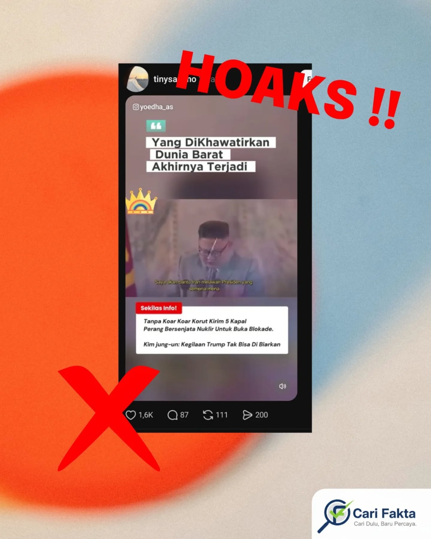 ️ HOAK! Korea Utara Kirim 5 Kapal Perang Nuklir untuk Buka Blokade ️Beredar sebuah video di media sosial yang menampilkan pemimpin Korea Utara, Kim Jong Un, dengan narasi mengejutkan yang menyebut bahwa Korea Utara telah mengirim lima kapal perang bersenjata nuklir untuk membuka blokade internasional. Dalam video tersebut juga disebutkan bahwa tindakan ini merupakan respons terhadap kebijakan mantan Presiden Amerika Serikat, Donald Trump, yang dinilai memicu ketegangan global.Narasi dalam unggahan tersebut menyebutkan bahwa situasi dunia kini berada di ambang konflik besar, bahkan diklaim sebagai awal dari perang nuklir yang selama ini dikhawatirkan oleh negara-negara Barat. Video itu juga menampilkan pernyataan provokatif seolah-olah Korea Utara siap membantu negara lain dalam menghadapi tekanan Amerika Serikat.Faktanya, informasi tersebut tidak benar (hoaks). Video yang beredar merupakan potongan lama pidato Kim Jong Un yang telah diedit dan diberi narasi baru di luar konteks aslinya. Tidak ada bukti valid bahwa Korea Utara mengirim kapal perang nuklir seperti yang diklaim, maupun pernyataan resmi terkait Donald Trump dalam konteks tersebut.Masyarakat dihimbau untuk jangan mudah percaya pada informasi yang bersifat provokatif dan belum jelas sumbernya. Selalu cek fakta melalui media terpercaya atau situs pemeriksa fakta. Bijaklah dalam bermedia sosial agar tidak ikut menyebarkan hoaks yang dapat menimbulkan kepanikan.