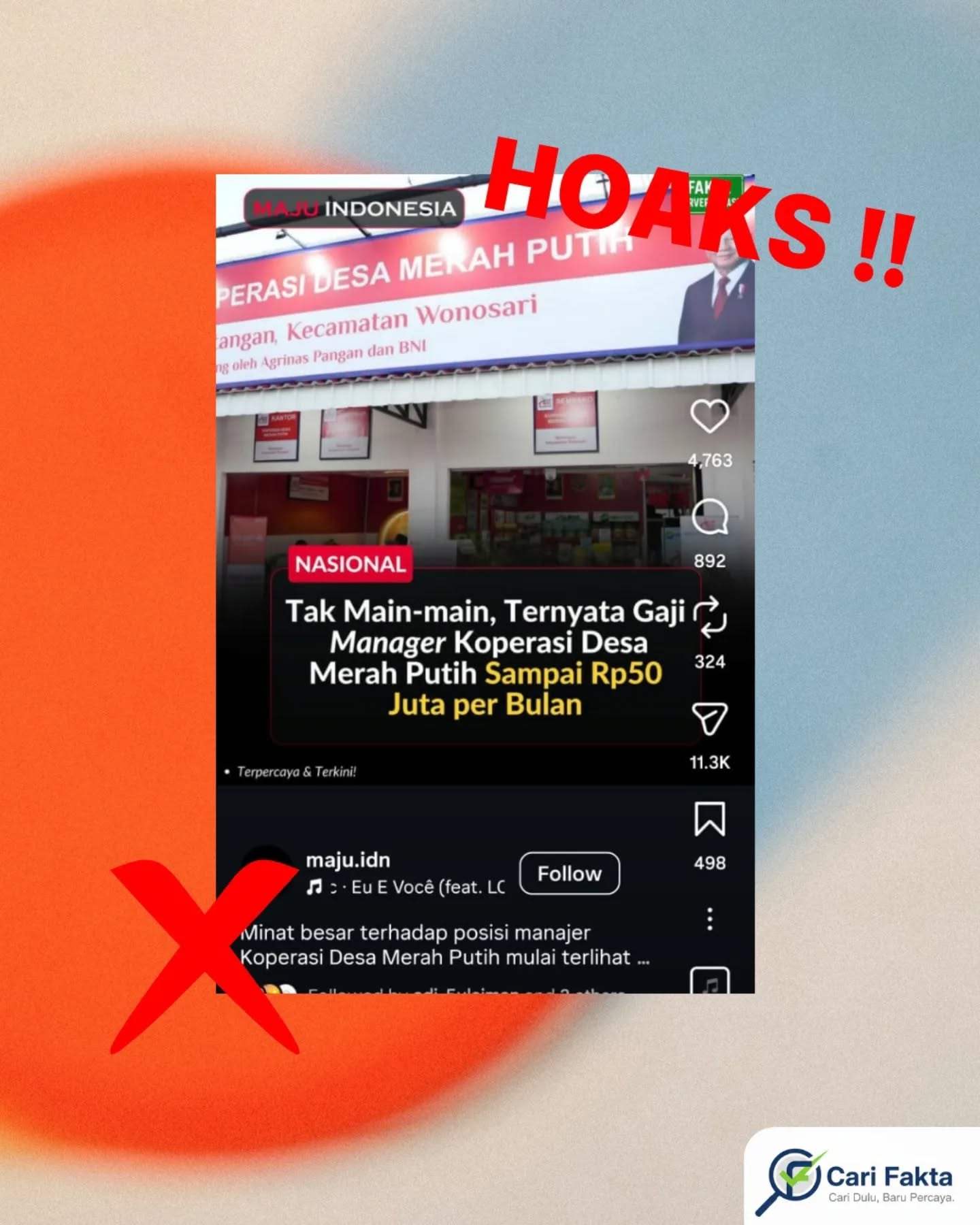 ️ HOAKS! Gaji Manajer Koperasi Desa Rp50 Juta per Bulan Tidak Benar ️Beredar di media sosial unggahan yang mengklaim bahwa gaji manajer Koperasi Desa Merah Putih bisa mencapai Rp50 juta per bulan. Informasi ini menarik perhatian publik dan menimbulkan persepsi bahwa posisi tersebut menawarkan penghasilan yang sangat tinggi. Faktanya, klaim tersebut tidak benar atau hoaks. Berdasarkan penelusuran, tidak ada informasi resmi yang menyebutkan bahwa gaji manajer Koperasi Desa Merah Putih mencapai angka tersebut. Besaran gaji pada koperasi umumnya disesuaikan dengan kemampuan keuangan, skala usaha, serta keputusan internal masing-masing koperasi. Narasi “Rp50 juta per bulan” hanyalah klaim tanpa dasar yang jelas dan tidak didukung oleh data resmi dari pihak terkait.Informasi mengenai gaji manajer koperasi desa hingga Rp50 juta per bulan adalah hoaks atau informasi yang dibesar-besarkan dan tidak dapat dijadikan acuan.Jangan mudah tergiur dengan informasi nominal besar tanpa sumber jelas. Selalu cek fakta ke sumber terpercaya sebelum percaya atau membagikannya.