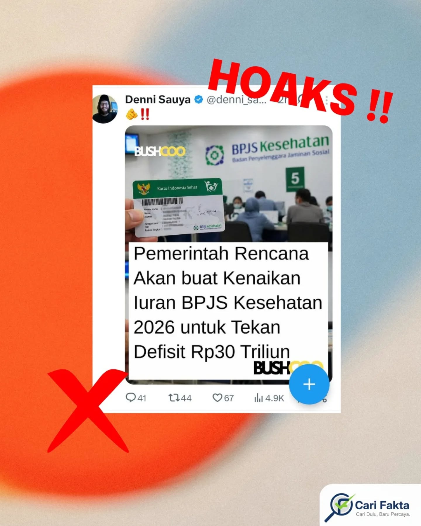 ️Waspada Narasi Hoaks di Sosial Media️Beredar unggahan di media sosial yang menyebut pemerintah akan menaikkan iuran BPJS Kesehatan pada tahun 2026 untuk menekan defisit hingga Rp30 triliun. Faktanya, informasi tersebut belum tentu benar dan berpotensi menyesatkan. Hingga saat ini, besaran iuran BPJS Kesehatan masih mengacu pada aturan resmi yang berlaku, yaitu Perpres Nomor 63 Tahun 2022. Rinciannya: Kelas III: Rp42.000, Kelas II: Rp100.000, Kelas I: Rp150.000. Memang terdapat wacana penyesuaian tarif seiring isu defisit JKN, namun belum ada keputusan resmi terkait kenaikan iuran di 2026. Informasi yang beredar masih sebatas spekulasi, bukan kebijakan finalKesimpulannya narasi yang menyebut “pemerintah pasti menaikkan iuran BPJS 2026” adalah tidak akurat / belum terbukti kebenarannya.Jangan langsung percaya judul yang provokatif. Cek sumber resmi pemerintah sebelum menyebarkan. Bijak dalam bermedia sosial.