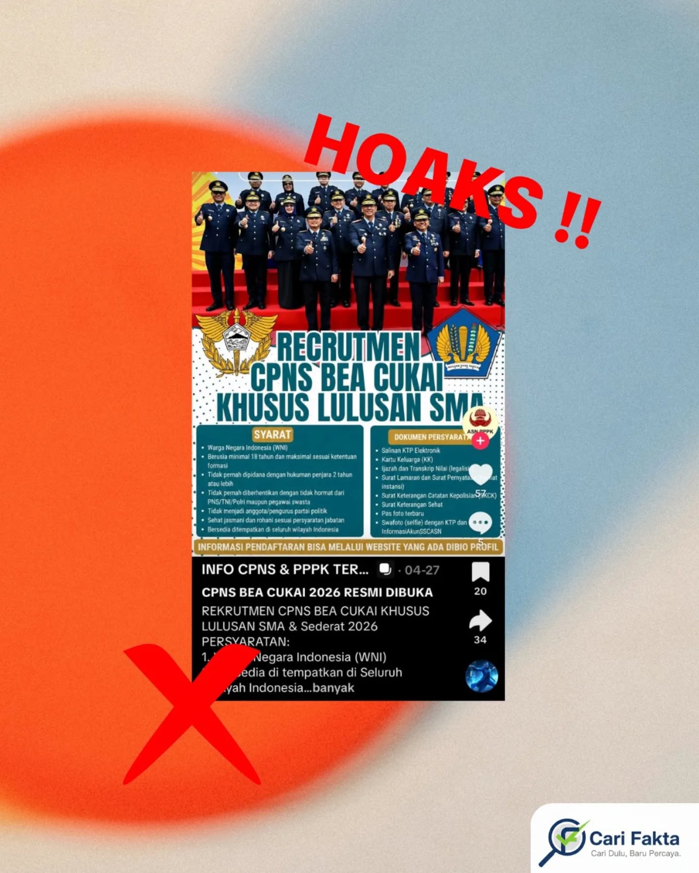 ️HOAKS! Rekrutmen CPNS Bea Cukai 2026 Khusus Lulusan SMA Resmi Dibuka ️Beredar sebuah unggahan di media sosial menampilkan informasi mengenai rekrutmen CPNS Bea Cukai tahun 2026 yang diklaim telah resmi dibuka, khusus untuk lulusan SMA/sederajat. Dalam unggahan tersebut juga dicantumkan berbagai persyaratan seperti WNI, usia minimal 18 tahun, tidak pernah dipidana, serta dokumen yang harus disiapkan. Selain itu, masyarakat diarahkan untuk mengakses tautan pendaftaran melalui link yang tersedia di bio akun.Informasi ini disebarkan dengan tampilan visual yang meyakinkan sehingga menarik perhatian masyarakat yang sedang mencari pekerjaan, khususnya peluang menjadi aparatur sipil negara.Faktanya informasi tersebut adalah tidak benar (hoaks). Hingga saat ini, belum ada pengumuman resmi terkait pembukaan CPNS Bea Cukai 2026 dari Kementerian Keuangan Republik Indonesia maupun Direktorat Jenderal Bea dan Cukai.Rekrutmen CPNS hanya diumumkan melalui kanal resmi pemerintah, seperti portal SSCASN dan situs resmi instansi terkait. Unggahan seperti ini biasanya menggunakan desain menarik dan informasi umum untuk mengelabui masyarakat, bahkan berpotensi menjadi modus penipuan atau pencurian data pribadi.Pastikan selalu mengecek informasi CPNS melalui situs resmi pemerintah. Jangan mudah percaya dengan unggahan di media sosial yang mencantumkan link tidak resmi.