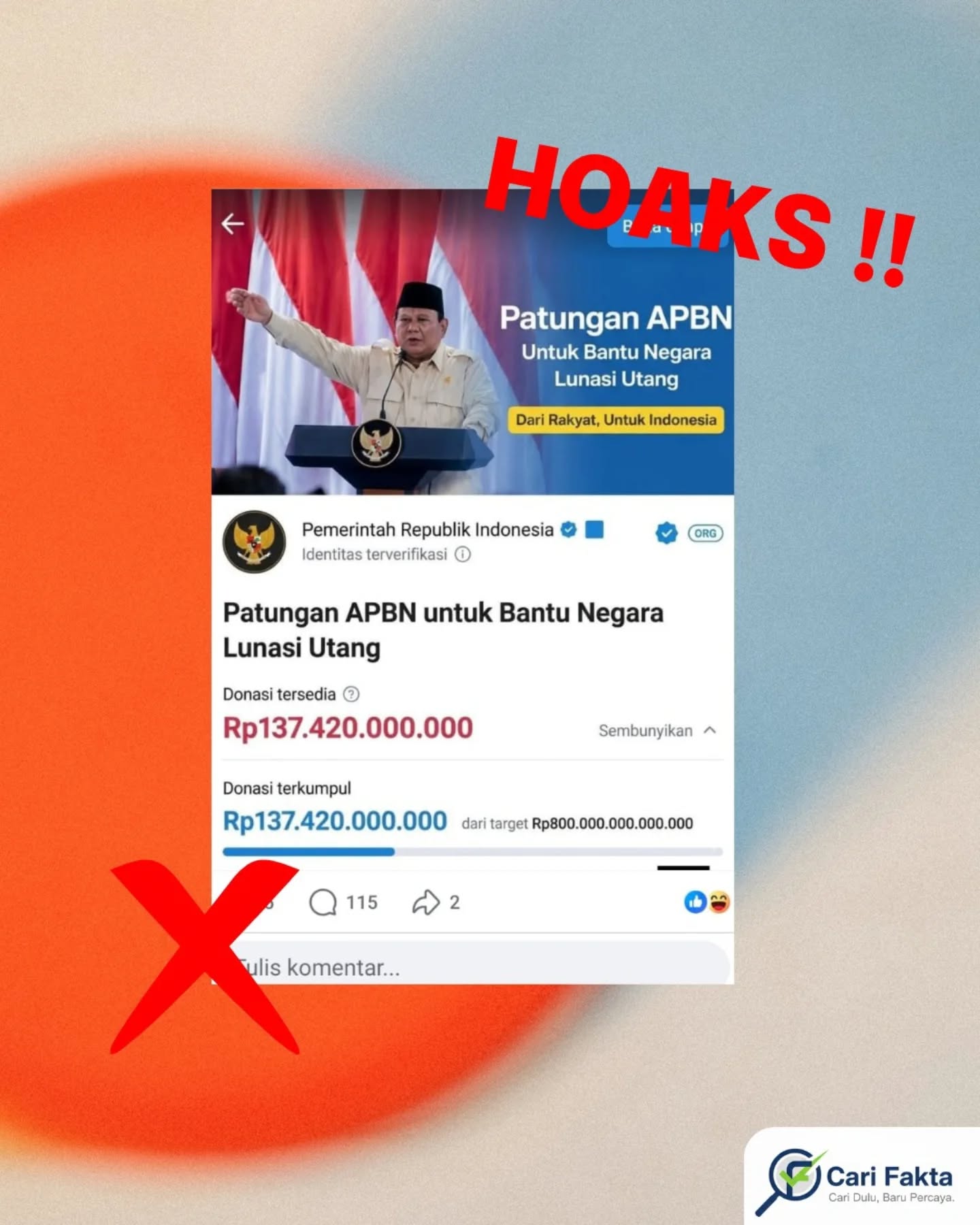 ️Patungan APBN untuk Lunasi Utang Negara adalah Hoaks ️Beredar di media sosial sebuah unggahan yang mengklaim pemerintah membuka program “patungan APBN” untuk membantu melunasi utang negara, lengkap dengan tampilan seolah-olah berasal dari lembaga resmi.Faktanya klaim tersebut adalah tidak benar atau Hoaks. Kementerian Keuangan Republik Indonesia telah memberikan klarifikasi bahwa tidak ada program resmi pemerintah yang mengajak masyarakat untuk berdonasi atau melakukan patungan guna membayar utang negara. Seluruh pengelolaan Anggaran Pendapatan dan Belanja Negara (APBN) dilakukan secara resmi melalui mekanisme yang telah diatur dalam perundang-undangan, bukan melalui donasi publik.Tampilan yang beredar di media sosial tersebut diduga merupakan hasil rekayasa atau manipulasi digital yang dibuat menyerupai platform donasi. Hal ini merupakan salah satu modus penyebaran informasi palsu yang memanfaatkan isu ekonomi agar terlihat kredibel dan mudah dipercaya oleh masyarakat.