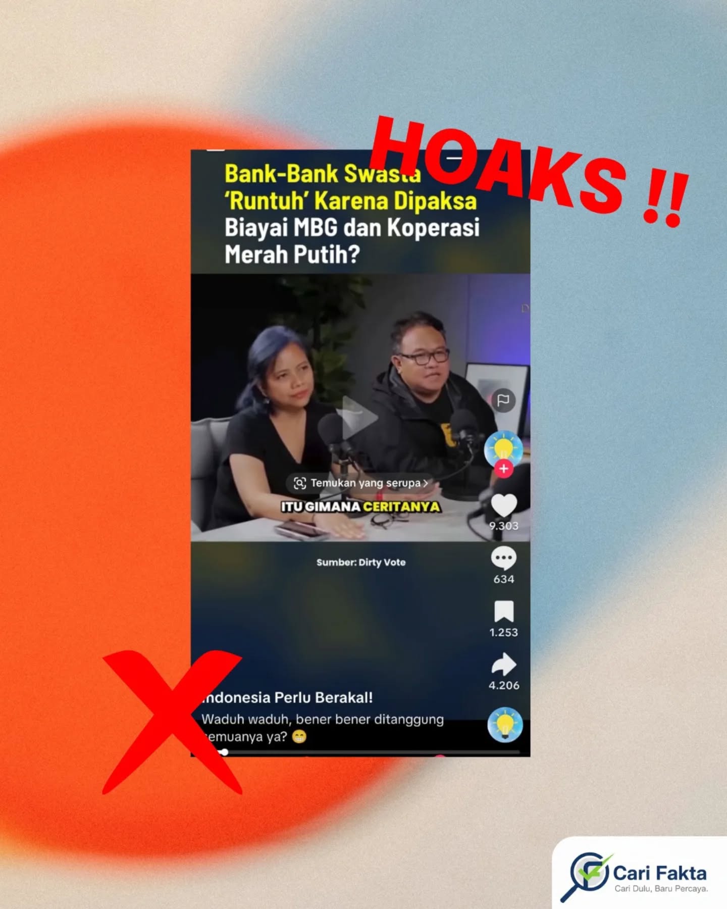 ️Waspada Klaim Bank Swasta 'Runtuh' Akibat Dipaksa Biayai Program MBG dan Koperasi Merah Putih adalah Hoaks️Telah beredar sebuah video di media sosial TikTok yang menyebarkan narasi bahwa bank-bank swasta di Indonesia akan mengalami keruntuhan. Narasi dalam video tersebut mengklaim bahwa hal ini terjadi karena perbankan swasta "dipaksa" oleh pemerintah untuk menanggung dan membiayai program MBG serta Koperasi Merah Putih.Faktanya informasi tersebut adalah hoaks dan sangat menyesatkan. Berdasarkan penelusuran fakta yang ada, hingga saat ini tidak ada kebijakan resmi dari pemerintah Indonesia yang mewajibkan apalagi memaksa bank-bank swasta untuk membiayai program MBG maupun Koperasi Merah Putih. Program Koperasi Merah Putih adalah bagian dari upaya penguatan ekonomi berbasis masyarakat. Pembiayaan untuk program ini dapat bersumber dari anggaran negara, yakni APBN atau APBD. Jika ada skema pembiayaan formal yang melibatkan perbankan, sifatnya adalah sukarela dan murni berbasis pada kelayakan usaha (profesionalitas bisnis), bukan merupakan paksaan terhadap lembaga perbankan swasta.