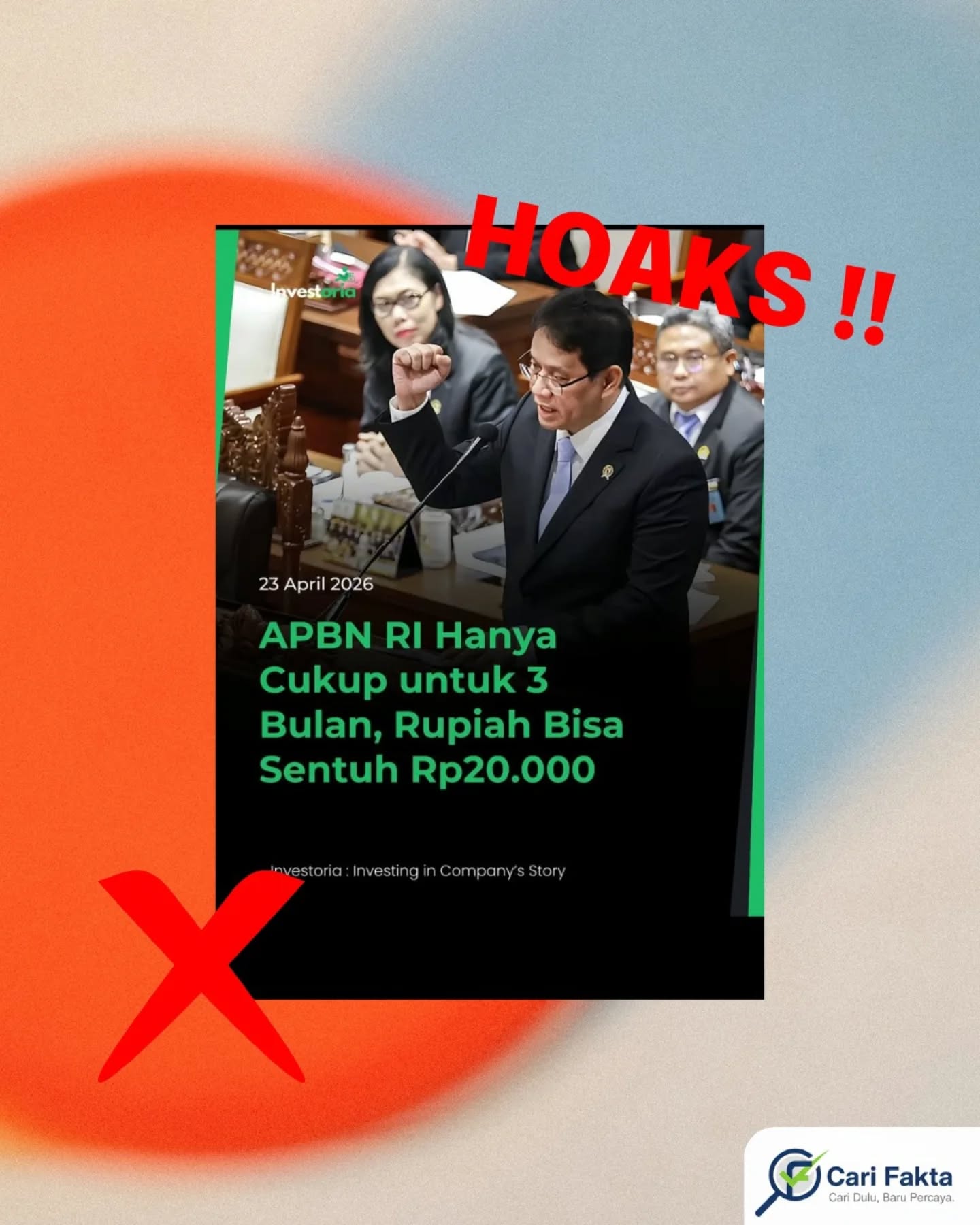 ️HOAKS! APBN RI Disebut Hanya Cukup 3 Bulan & Rupiah Tembus Rp20.000 ️Beredar di media sosial unggahan yang mengklaim bahwa APBN Indonesia hanya cukup untuk 3 bulan dan nilai tukar rupiah berpotensi menyentuh Rp20.000 per dolar AS. Narasi ini juga seolah-olah merupakan pernyataan resmi pemerintah.Faktanya, klaim tersebut tidak benarMelalui klarifikasi resmi, Kementerian Keuangan Republik Indonesia menegaskan bahwa informasi tersebut adalah hoaks. Tidak ada pernyataan resmi yang menyebut APBN dalam kondisi kritis seperti yang diklaim. Narasi yang beredar merupakan potongan informasi yang disalahartikan dari pembahasan tertentu, bukan kondisi nyata APBN. Pemerintah justru memastikan pengelolaan keuangan negara tetap terkendali.Kesimpulannya informasi yang menyebut APBN hanya cukup 3 bulan dan rupiah akan anjlok ke Rp20.000 adalah hoaks dan menyesatkan.Masyarakat diimbau untuk tidak mudah percaya pada informasi yang menimbulkan kepanikan dan selalu cek sumber resmi seperti pemerintah atau media kredibel.