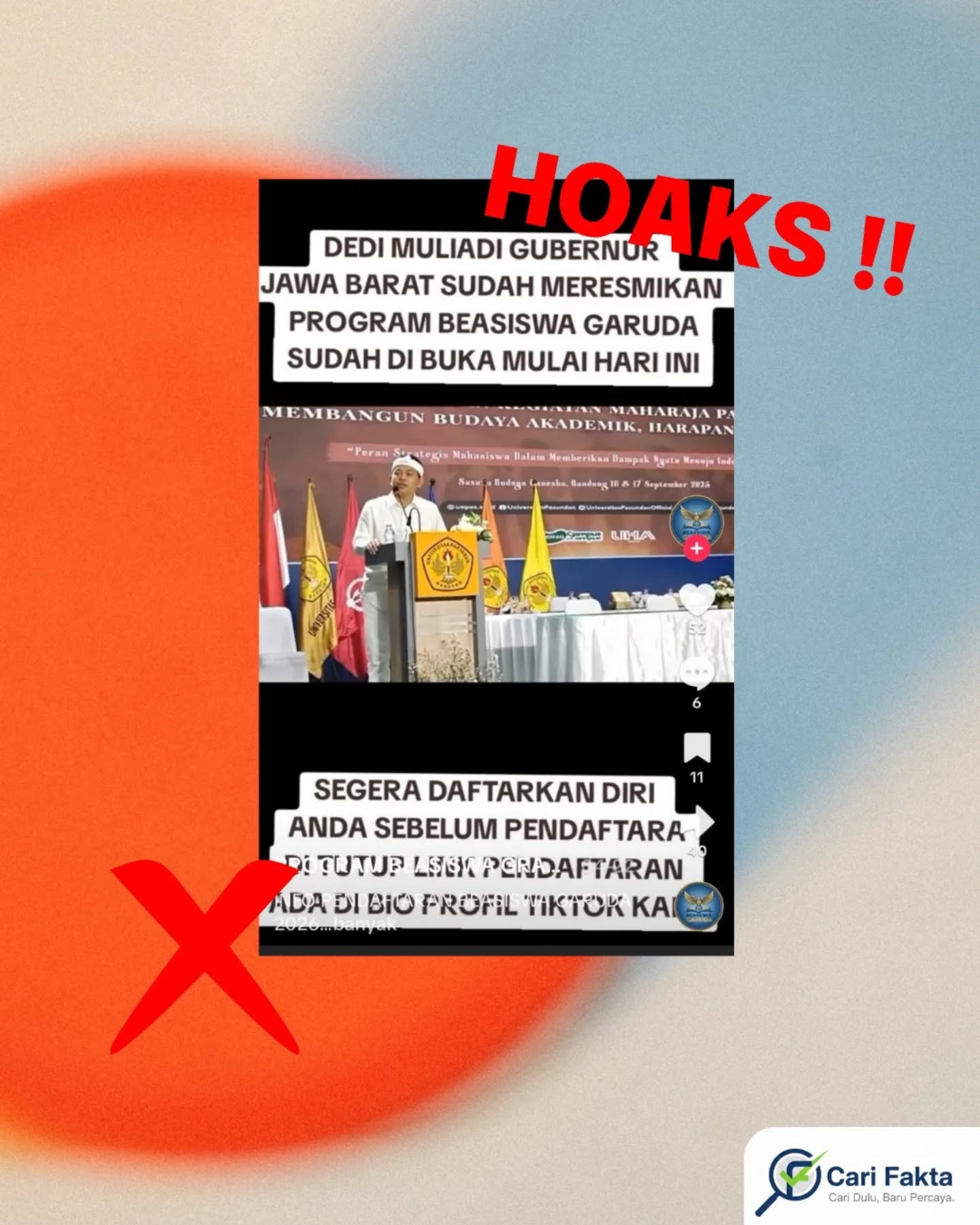 ️Waspada! Video Beasiswa Garuda Dedi Mulyadi Ternyata Rekayasa AI️Beredar sebuah video di media sosial TikTok dari akun “beasiswagaruda” yang menampilkan tokoh Dedi Mulyadi yang seolah-olah mengumumkan pembukaan Program Beasiswa Garuda 2026. Dalam video tersebut juga terdapat ajakan untuk segera mendaftarkan diri melalui tautan yang tersedia di bio akun.Faktanya, informasi tersebut adalah tidak benar atau hoaks. Hasil penelusuran menunjukkan bahwa suara dalam video tersebut merupakan hasil rekayasa teknologi kecerdasan buatan (AI) dengan tingkat kemungkinan manipulasi yang sangat tinggi. Selain itu, tautan yang dibagikan tidak mengarah ke situs resmi, melainkan ke halaman yang meminta data pribadi seperti nama hingga nomor Telegram.Modus ini diduga merupakan upaya penipuan dengan tujuan mengumpulkan data pribadi masyarakat yang dapat disalahgunakan.Selalu verifikasi informasi dari sumber resmi sebelum mempercayai atau membagikannya. Jangan mudah tergiur dengan tawaran beasiswa dan pengisian data diri yang tidak jelas sumbernya.