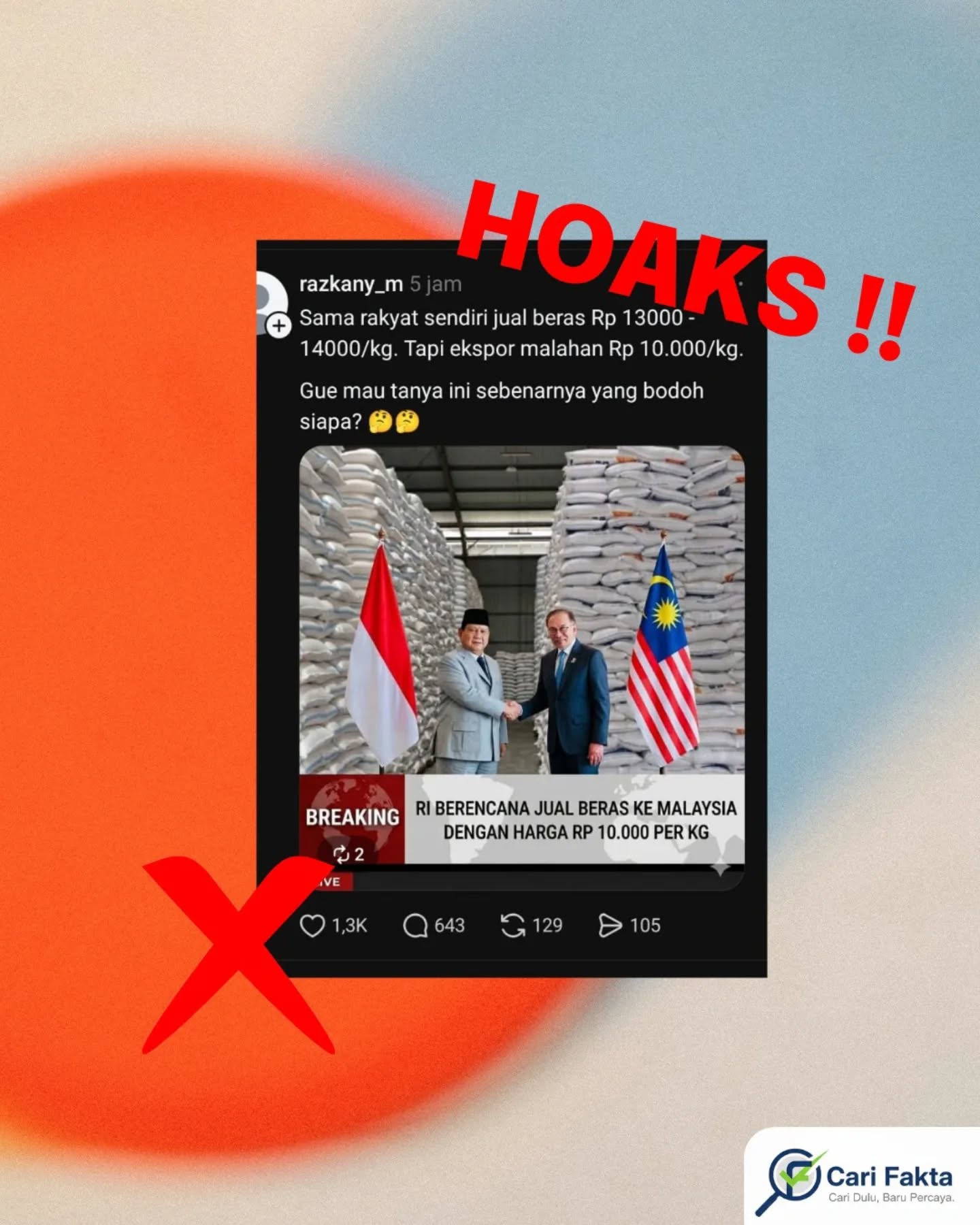 ️MISLEADING! Klaim Indonesia Jual Beras Lebih Murah ke Malaysia Rp10.000/kg️Beredar unggahan di media sosial yang menyebut bahwa Indonesia menjual beras ke Malaysia dengan harga Rp10.000/kg, sementara rakyat dalam negeri membeli dengan harga Rp13.000–Rp14.000/kg. Narasi ini kemudian dipelintir dengan opini seolah-olah pemerintah merugikan rakyat sendiri dan “lebih menguntungkan negara lain”.Faktanya klaim tersebut menyesatkan (misleading). Berdasarkan pemberitaan resmi, rencana ekspor beras ke Malaysia masih dalam tahap negosiasi dan belum ada kesepakatan harga. Bahkan, pihak Malaysia justru mengajukan harga di bawah Rp10.000/kg, namun ditolak oleh Perum Bulog karena dinilai terlalu rendah dan berpotensi merugikan negara. Sebaliknya, Bulog mengusulkan harga di kisaran Rp13.000–Rp14.000/kg karena beras yang ditawarkan termasuk kategori premium. Artinya, tidak benar bahwa Indonesia menjual beras lebih murah ke luar negeri dibanding harga dalam negeri. Hingga saat ini, prosesnya masih berupa tawar-menawar harga (negosiasi), bukan keputusan final ekspor. Masyarakat diimbau untuk tidak mudah terprovokasi oleh narasi yang dipotong atau dibingkai secara tidak utuh di media sosial. Selalu cek informasi dari sumber resmi dan media kredibel sebelum menarik kesimpulan. Bijak dalam bermedia sosial sangat penting agar tidak ikut menyebarkan informasi yang menyesatkan dan berpotensi memicu kesalahpahaman publik.