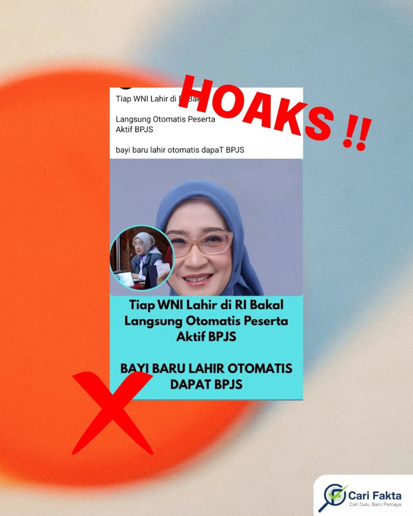 ️ HOAKS! Semua Bayi Baru Lahir Otomatis Jadi Peserta Aktif BPJS Kesehatan Mulai 2026️Beredar unggahan di media sosial Facebook yang mengeklaim bahwa setiap bayi yang lahir di Indonesia akan otomatis menjadi peserta aktif BPJS Kesehatan tanpa perlu didaftarkan. Dalam unggahan tersebut juga disebutkan bahwa kebijakan ini mulai berlaku pada 26 April 2026, sehingga menimbulkan anggapan bahwa seluruh bayi akan langsung mendapatkan jaminan kesehatan secara otomatis.Faktanya, klaim tersebut adalah tidak benar (hoaks). Berdasarkan penjelasan dari BPJS Kesehatan, tidak semua bayi baru lahir otomatis menjadi peserta aktif. Bayi memang bisa langsung dijamin dalam program Jaminan Kesehatan Nasional (JKN), tetapi hanya berlaku bagi bayi dari orang tua yang terdaftar sebagai Penerima Bantuan Iuran (PBI).Selain itu, merujuk pada Peraturan Presiden Nomor 82 Tahun 2018 Pasal 16, bayi yang baru lahir tetap harus didaftarkan ke BPJS Kesehatan paling lambat 28 hari sejak kelahiran agar status kepesertaannya aktif. Artinya, tidak ada kebijakan bahwa semua bayi otomatis terdaftar tanpa proses administrasi.Masyarakat diimbau untuk tidak langsung mempercayai informasi yang beredar di media sosial tanpa verifikasi. Pastikan mengecek kebenaran informasi melalui sumber resmi seperti BPJS Kesehatan atau regulasi pemerintah. Bijak dalam menerima dan membagikan informasi sangat penting untuk mencegah penyebaran hoaks yang dapat menyesatkan publik.