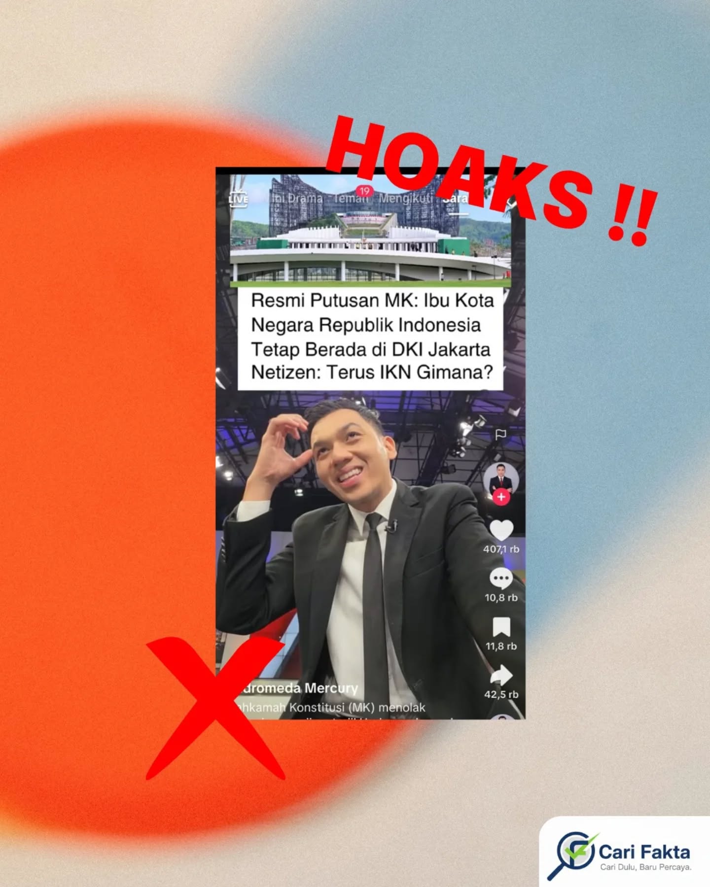 ️HOAKS! Putusan MK Disebut Tetapkan Ibu Kota RI Tetap di Jakarta️Beredar video di media sosial yang menarasikan bahwa Mahkamah Konstitusi Republik Indonesia telah memutuskan ibu kota negara tetap berada di Jakarta dan seolah-olah membatalkan pemindahan ke IKN. Narasi tersebut diperkuat dengan potongan pernyataan yang menyebut “putusan MK” sehingga menimbulkan kesan bahwa proyek Ibu Kota Nusantara (IKN) dihentikan.Faktanya, informasi tersebut adalah tidak benar. Putusan MK tidak membatalkan Undang-Undang IKN, sehingga secara hukum pembangunan dan rencana pemindahan ibu kota tetap sah dan berjalan. MK hanya menegaskan bahwa status ibu kota negara saat ini masih di Jakarta sampai Presiden menerbitkan Keputusan Presiden (Keppres) terkait pemindahan resmi ke Ibu Kota Nusantara.Artinya, IKN tidak dibatalkan, melainkan belum resmi beroperasi sebagai ibu kota karena masih menunggu penetapan administratif. Narasi yang beredar telah dipelintir dan diambil di luar konteks sehingga menyesatkan publik.Masyarakat diimbau untuk tidak langsung mempercayai informasi yang beredar di media sosial tanpa memahami konteks utuhnya. Pastikan selalu memeriksa sumber resmi dan pemberitaan kredibel sebelum menyimpulkan suatu isu