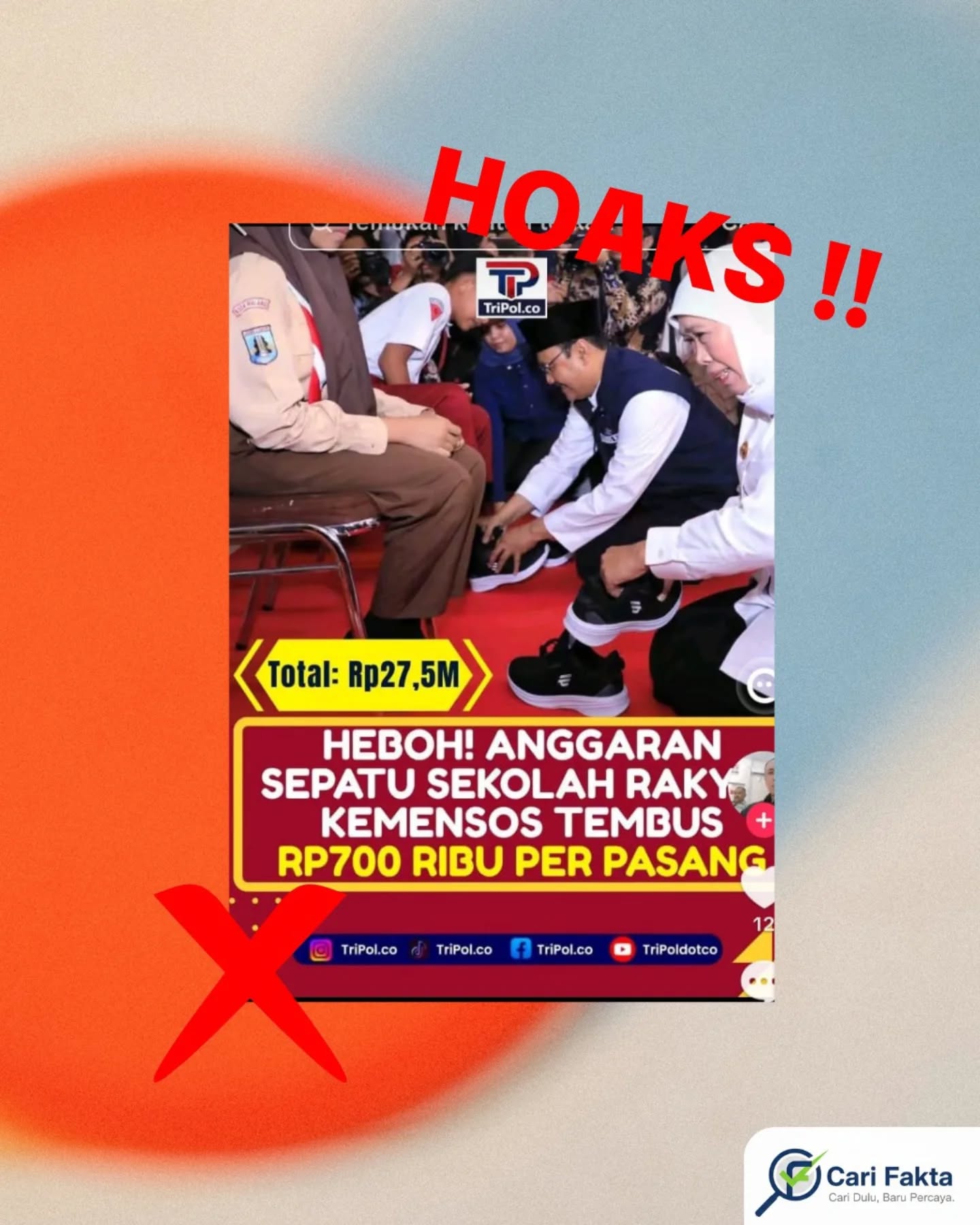 ️ Anggaran Sepatu Sekolah Rakyat Kemensos Rp700 Ribu per Pasang adalah Hoaks ️Sebuah unggahan di media sosial menampilkan foto Saifullah Yusuf saat memberikan sepatu kepada siswa, disertai narasi bahwa program Sekolah Rakyat dari Kementerian Sosial Republik Indonesia mengalokasikan anggaran hingga Rp27,5 miliar untuk pengadaan sepatu. Dalam unggahan tersebut juga diklaim bahwa harga sepatu mencapai Rp700 ribu per pasang, jauh di atas harga pasar, sehingga menimbulkan dugaan pemborosan atau mark up anggaran.Narasi ini kemudian viral dan memicu reaksi publik karena dianggap sebagai bentuk penyalahgunaan anggaran negara.Faktanya, informasi tersebut adalah tidak benar atau hoaks. Klarifikasi resmi dari Kementerian Sosial menyatakan bahwa narasi mengenai adanya penggelembungan harga sepatu hingga Rp700 ribu per pasang adalah keliru dan menyesatkan. Informasi yang beredar telah dipelintir dan tidak sesuai dengan data sebenarnya.Mengutip pemberitaan Kompas TV, Saifullah Yusuf (Gus Ipul) menjelaskan bahwa seluruh proses pengadaan barang untuk program Sekolah Rakyat dilakukan melalui mekanisme lelang terbuka. Penentuan anggaran tersebut juga telah melalui proses bertahap yang melibatkan pembahasan bersama DPR RI, sehingga dilakukan secara transparan dan sesuai prosedur.