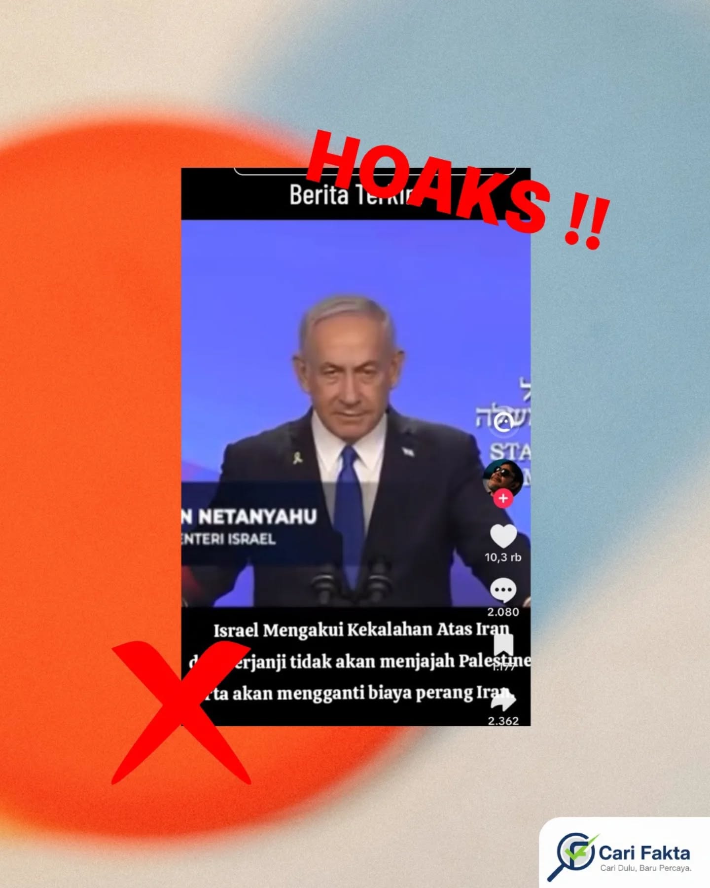 ️HOAKS! Klaim Israel Mengakui Kekalahan atas Iran dan Akui Kedaulatan Palestina️Sebuah video yang menampilkan Benjamin Netanyahu beredar luas di media sosial dengan klaim bahwa Israel mengakui kekalahan atas Iran, berjanji tidak akan menjajah Palestina, serta akan mengganti biaya perang. Narasi tersebut disertai potongan video pidato yang seolah-olah mendukung pernyataan tersebut, sehingga memicu berbagai reaksi publik dan menimbulkan persepsi yang menyesatkan.Faktanya informasi tersebut adalah tidak benar. Video yang beredar merupakan potongan lama yang berkaitan dengan pernyataan mengenai gencatan senjata, bukan pengakuan kekalahan Israel atas Iran maupun pengakuan kedaulatan Palestina. Konten tersebut telah dipelintir dan diambil di luar konteks, sehingga menghasilkan narasi yang keliru dan menyesatkan.Masyarakat diimbau untuk selalu memverifikasi informasi sebelum mempercayai dan menyebarkannya. Pastikan sumber berita berasal dari media resmi dan kredibel, serta hindari terprovokasi oleh judul atau potongan video yang tidak utuh. Bijak dalam bermedia sosial adalah kunci untuk mencegah penyebaran hoaks dan menjaga ruang digital tetap sehat.