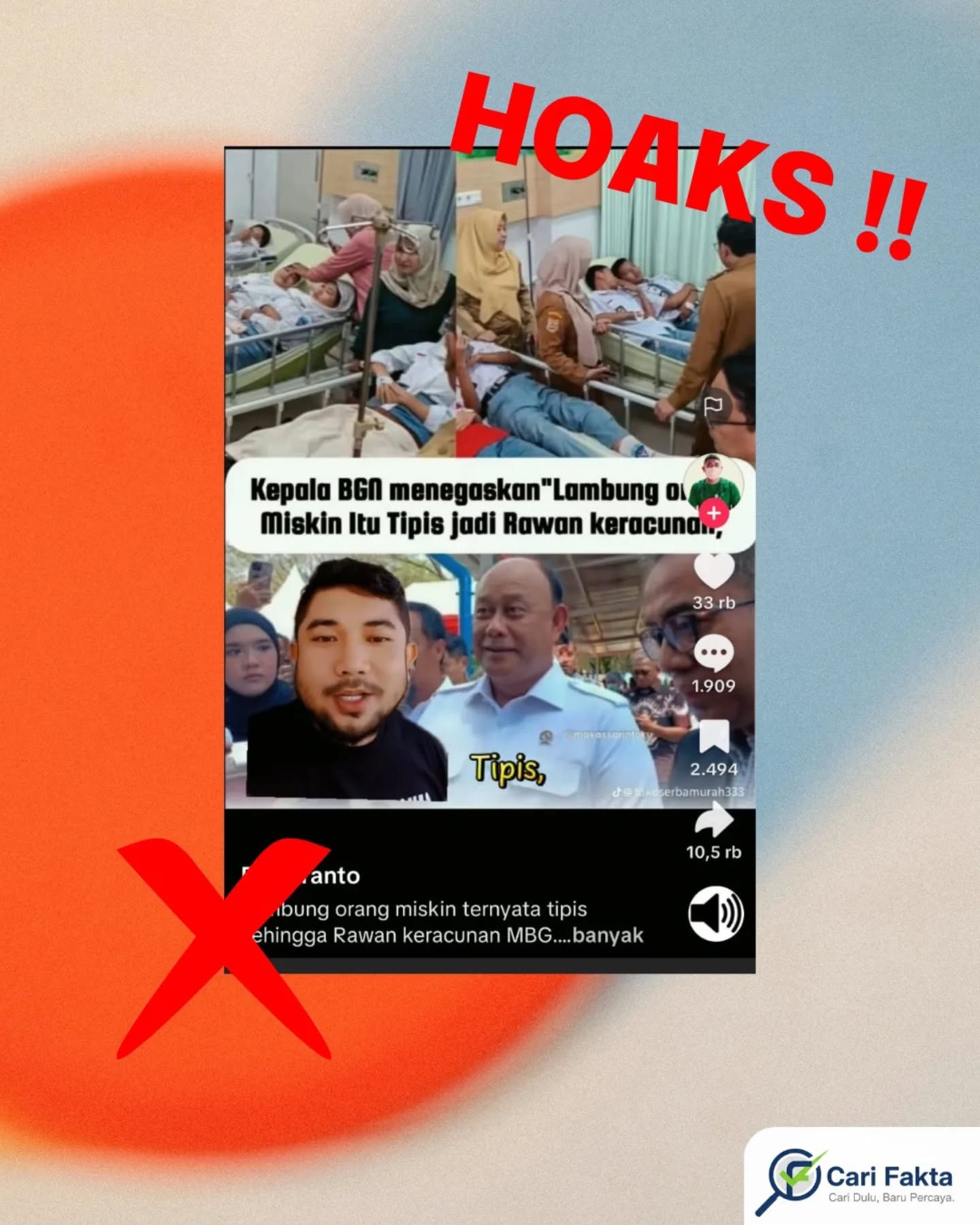 ️WASPADA HOAKS: Klaim Kepala BGN Sebut “Lambung Orang Miskin itu tipis jadi rawan keracunan” ️Beredar di media sosial unggahan yang menarasikan bahwa Kepala Badan Gizi Nasional (BGN) menyatakan “Lambung Orang miskin itu tipis jadi rawan keracunan” Narasi tersebut disertai potongan foto yang seolah-olah merupakan pernyataan resmi dalam menanggapi kasus keracunan program Makan Bergizi Gratis (MBG). Unggahan ini memicu kemarahan publik karena dianggap merendahkan masyarakat kurang mampu dan menyudutkan program pemerintah.Faktanya, klaim tersebut tidak benar dan menyesatkan. Berdasarkan penelusuran dari berbagai sumber resmi, tidak ditemukan pernyataan resmi dari Kepala BGN, Dadan Hindayana, yang menyebutkan pernyataan tersebut. Kepala BGN justru menjelaskan bahwa penyebab keracunan dalam program MBG adalah ketidakpatuhan terhadap Standar Operasional Prosedur (SOP) oleh pihak pelaksana. Faktor penyebab meliputi bahan baku yang tidak segar, proses pengolahan yang tidak higienis, serta distribusi yang terlambat, bukan karena kondisi fisik atau “lambung” masyarakat.Data lain juga menunjukkan bahwa isu utama gizi di Indonesia adalah kurangnya akses terhadap makanan bergizi seimbang, bukan ketidakmampuan tubuh menerima makanan sehat.Narasi yang beredar merupakan konten yang keliru dan menyesatkan karena memelintir informasi serta tidak sesuai dengan pernyataan resmi. Selalu cek kebenaran informasi sebelum membagikan. Jangan mudah terprovokasi oleh narasi yang menyudutkan pihak tertentu. #waspadahoax #Carifakta #stophoax