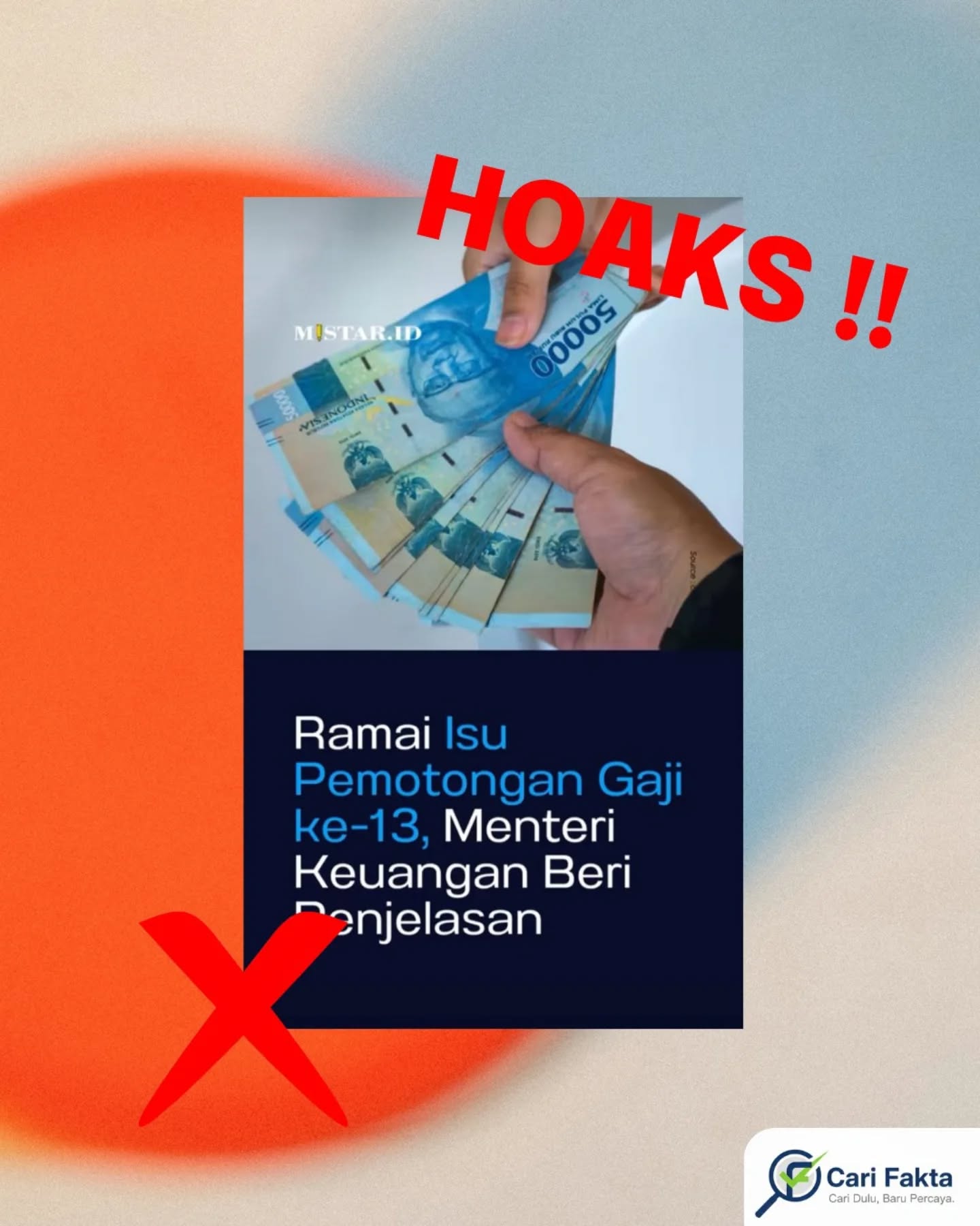 ️Waspada Hoaks Pemotongan Gaji ke-13 ASN️Beredar di media sosial klaim bahwa pemerintah akan memangkas gaji ke-13 bagi ASN, TNI, dan Polri. Narasi ini muncul melalui video yang menyebut pernyataan Menteri Keuangan terkait rencana pengurangan tersebut, sehingga menimbulkan keresahan di masyarakat, khususnya para aparatur negara yang menantikan pencairan haknya.Faktanya, informasi tersebut adalah hoaks. Menteri Keuangan menegaskan bahwa tidak ada kebijakan pemotongan gaji ke-13. Pemerintah tetap melanjutkan proses pencairan gaji ke-13 sesuai jadwal yang telah ditetapkan, dan tidak ditemukan pernyataan resmi yang menyebut adanya pengurangan seperti yang beredar di media sosial.Masyarakat diimbau untuk selalu bijak dalam menerima dan menyebarkan informasi. Pastikan kebenaran berita dengan mengecek sumber resmi dan terpercaya sebelum membagikannya. Jangan mudah terprovokasi oleh konten yang belum terverifikasi agar tidak turut menyebarkan hoaks yang dapat meresahkan publik.