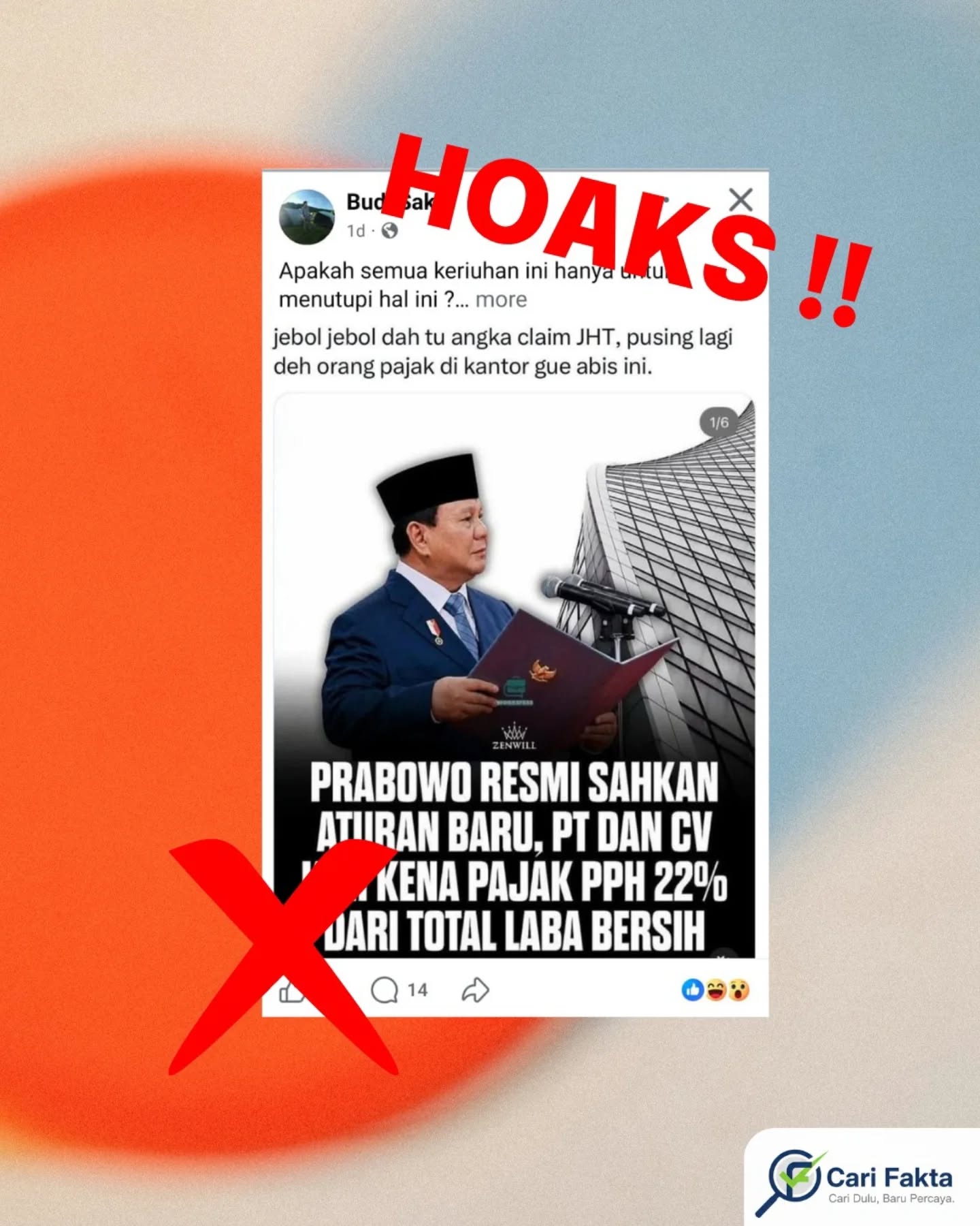 ️HOAKS: Prabowo Resmi Naikkan Pajak Jadi 22% untuk PT & CV️Beredar di media sosial sebuah unggahan yang menyebut bahwa Prabowo Subianto telah mengesahkan aturan baru yang membuat perusahaan seperti PT dan CV dikenakan pajak PPh sebesar 22% dari total laba bersih, seolah-olah ini adalah kebijakan baru yang memberatkan pelaku usaha, khususnya UMKM.Faktanya: Narasi tersebut menyesatkan dan tidak utuh. Tarif PPh Badan 22% bukan aturan baru, melainkan sudah lama berlaku sebagai tarif umum pajak penghasilan badan di Indonesia.Tidak ada kebijakan baru yang tiba-tiba menaikkan pajak UMKM menjadi 22%. Justru, melalui PP No. 20 Tahun 2026, pemerintah tetap mempertahankan fasilitas PPh Final 0,5% untuk UMKM tertentu seperti, wajib Pajak Orang Pribadi, perseroan Perorangan, koperasiUntuk badan usaha seperti CV, Firma, dan PT (non perorangan), kebijakan ini hanya mengatur penyesuaian secara bertahap (masa transisi), bukan kenaikan pajak mendadak. Tidak ada pajak baru untuk profesi seperti influencer atau pekerja kreatif, semuanya tetap mengikuti aturan perpajakan yang sudah ada sebelumnya.Kesimpulannya informasi yang beredar tersebut adalah hoaks yang memelintir fakta dengan cara mencampurkan tarif lama dan kebijakan baru secara tidak utuh sehingga menimbulkan kepanikan.Masyarakat diimbau untuk tidak mudah percaya pada informasi yang belum terverifikasi. Selalu cek sumber resmi seperti pemerintah atau media kredibel dan tidak ikut menyebarkan konten yang berpotensi menyesatkan.