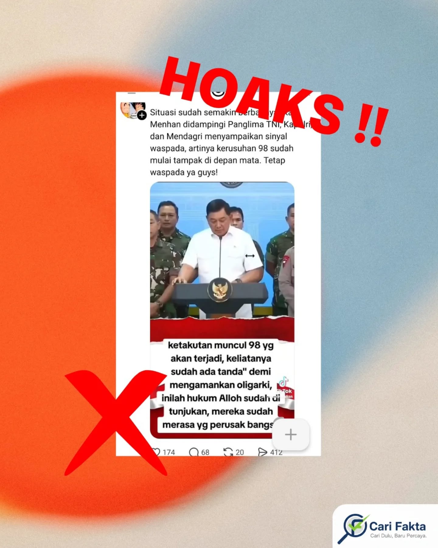 ️ HOAKS: Narasi “Sinyal Kerusuhan 98 Akan Terjadi” Menyesatkan Publik️Beredar di media sosial Threads sebuah video yang menampilkan Menteri Pertahanan bersama Panglima TNI, Kapolri, dan pejabat lainnya, disertai klaim bahwa pemerintah sedang memberi sinyal waspada akan terjadinya kembali kerusuhan 1998. Narasi tersebut adalah tidak benar dan menyesatkan. Faktanya, tangkapan layar dalam konten tersebut merupakan bagian dari konferensi pers resmi pemerintah yang membahas stabilitas nasional dan penegakan hukum pasca aksi demonstrasi yang dilakukan pada 31 Agustus 2025, bukan peringatan adanya kerusuhan besar seperti tahun 1998. Dalam konferensi tersebut, pemerintah menyampaikan bahwa aparat TNI dan Polri diinstruksikan untuk tetap solid, bertindak tegas namun terukur sesuai hukum, serta memastikan keamanan masyarakat dari tindakan kriminal seperti perusakan fasilitas umum dan penjarahan yang sempat terjadi saat aksi berlangsung. Konten tersebut merupakan bentuk manipulasi konteks, di mana video asli yang kredibel dipadukan dengan teks provokatif untuk membangun opini negatif dan menimbulkan ketakutan di masyarakat. Penambahan narasi seperti “kerusuhan 98” dan “demi mengamankan oligarki” jelas tidak sesuai dengan isi pernyataan resmi, bahkan cenderung mengarah pada fearmongering atau upaya menimbulkan kepanikan. Masyarakat diimbau untuk tidak mudah percaya pada potongan video tanpa konteks utuh, selalu memeriksa sumber asli, serta lebih bijak dalam menyebarkan informasi agar tidak turut memperluas hoaks yang dapat meresahkan dan memecah belah.