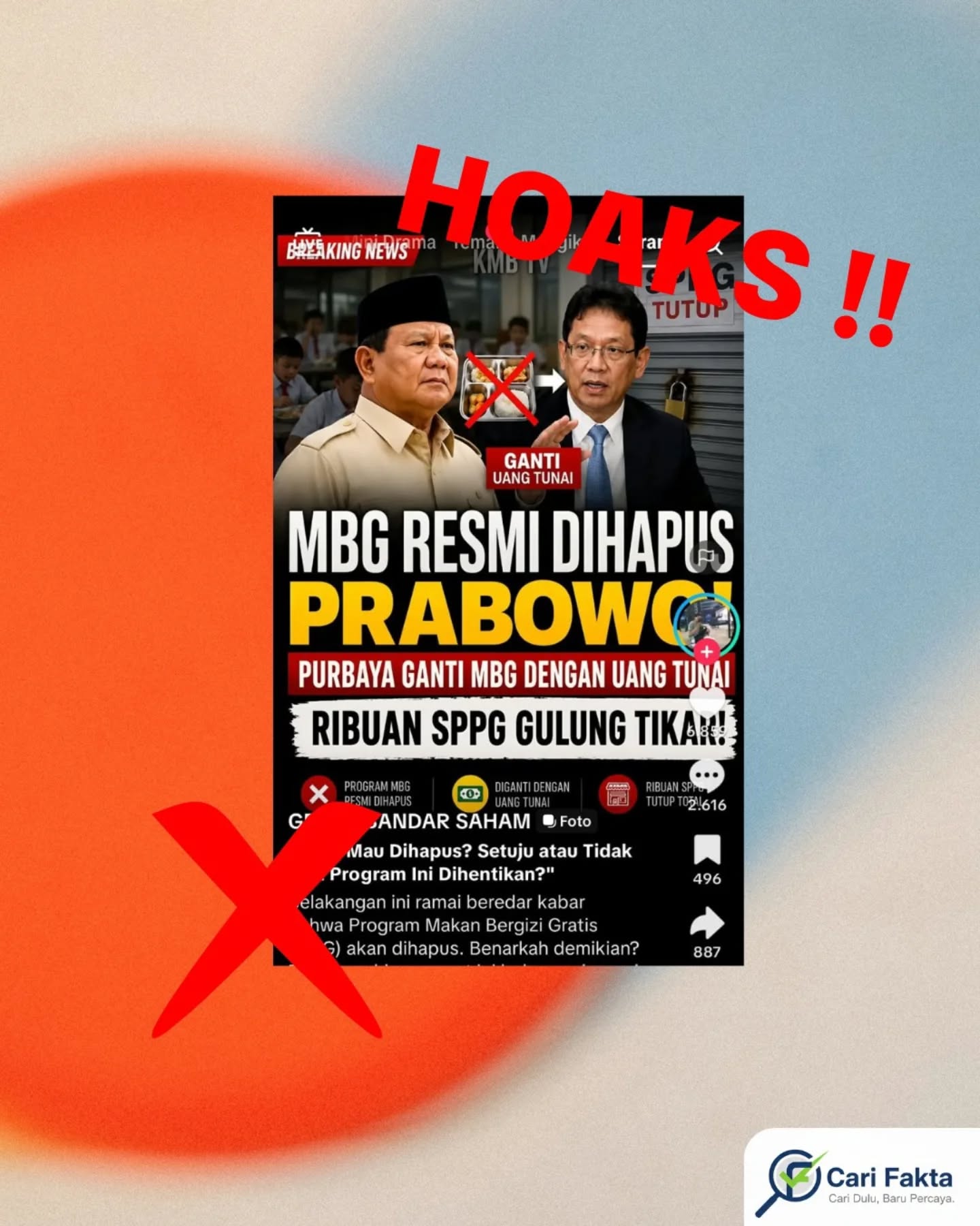 ️Narasi Program MBG Resmi Dihapus Presiden Prabowo dan Diganti Dengan Uang Tunai Tidak Benar️Beredar unggahan yang menyebutkan bahwa program Makan Bergizi Gratis (MBG) resmi dihapus oleh Presiden Prabowo Subianto dan diganti dengan bantuan uang tunai hingga menyebabkan ribuan SPPG gulung tikar adalah tidak benar atau hoaks. Narasi tersebut dibuat secara provokatif, padahal tidak didukung oleh pernyataan maupun kebijakan pemerintah. Faktanya, hingga saat ini tidak ada kebijakan resmi yang menghentikan program MBG. Pemerintah justru tetap berkomitmen menjalankan program tersebut sebagai bagian dari upaya peningkatan gizi masyarakat dan penanganan stunting.Informasi yang beredar kemungkinan merupakan hasil manipulasi atau penggabungan isu yang dipelintir sehingga menyesatkan publik. Oleh karena itu, masyarakat diimbau untuk tidak mudah percaya pada informasi viral di media sosial dan selalu melakukan verifikasi melalui sumber resmi sebelum menyebarkannya kembali.
