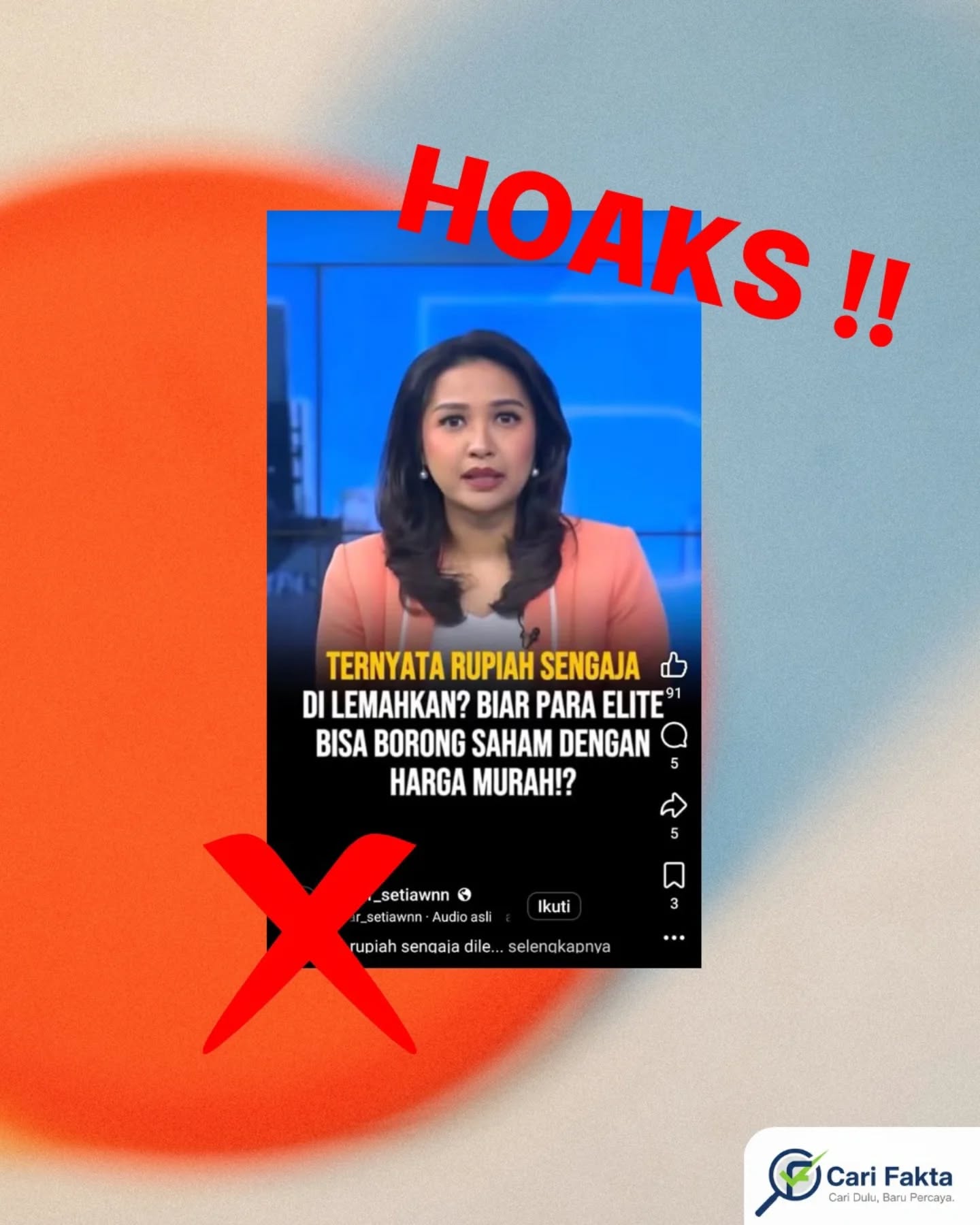 ️Hoaks: Rupiah Sengaja Dilemahkan untuk Kepentingan Elite Tidak Benar️Beredar di media sosial sebuah narasi yang menyebut bahwa melemahnya nilai tukar rupiah terhadap dolar AS merupakan kesengajaan yang dilakukan oleh Bank Indonesia agar pihak-pihak tertentu dapat membeli saham dengan harga murah. Klaim ini tidak benar dan termasuk dalam kategori HOAKS atau MISLEADING CONTENT. Faktanya, sebagai bank sentral, Bank Indonesia justru memiliki mandat utama untuk menjaga stabilitas nilai rupiah sesuai dengan peraturan perundang-undangan yang berlaku. Pergerakan nilai tukar rupiah tidak ditentukan secara sepihak, melainkan dipengaruhi oleh berbagai faktor global seperti dinamika pasar keuangan internasional, hukum permintaan dan penawaran, kebijakan suku bunga bank sentral negara lain seperti The Fed, serta kondisi geopolitik dunia.Dalam praktiknya, ketika rupiah mengalami tekanan, Bank Indonesia secara aktif melakukan langkah-langkah stabilisasi melalui strategi yang dikenal sebagai triple intervention, yaitu intervensi di pasar spot, Domestic Non-Deliverable Forward (DNDF), dan pasar Surat Berharga Negara (SBN). Langkah ini dilakukan untuk menjaga agar nilai tukar tetap bergerak sesuai dengan fundamental ekonomi nasional dan tidak mengalami pelemahan yang berlebihan. Dengan demikian, narasi yang menyebut adanya kesengajaan melemahkan rupiah merupakan bentuk distorsi fakta yang dapat menyesatkan publik.Masyarakat diimbau untuk lebih bijak dalam menerima dan menyebarkan informasi, terutama yang berkaitan dengan isu ekonomi nasional. Pastikan selalu memeriksa kebenaran informasi melalui sumber resmi dan terpercaya agar tidak mudah terprovokasi oleh konten yang menyesatkan.