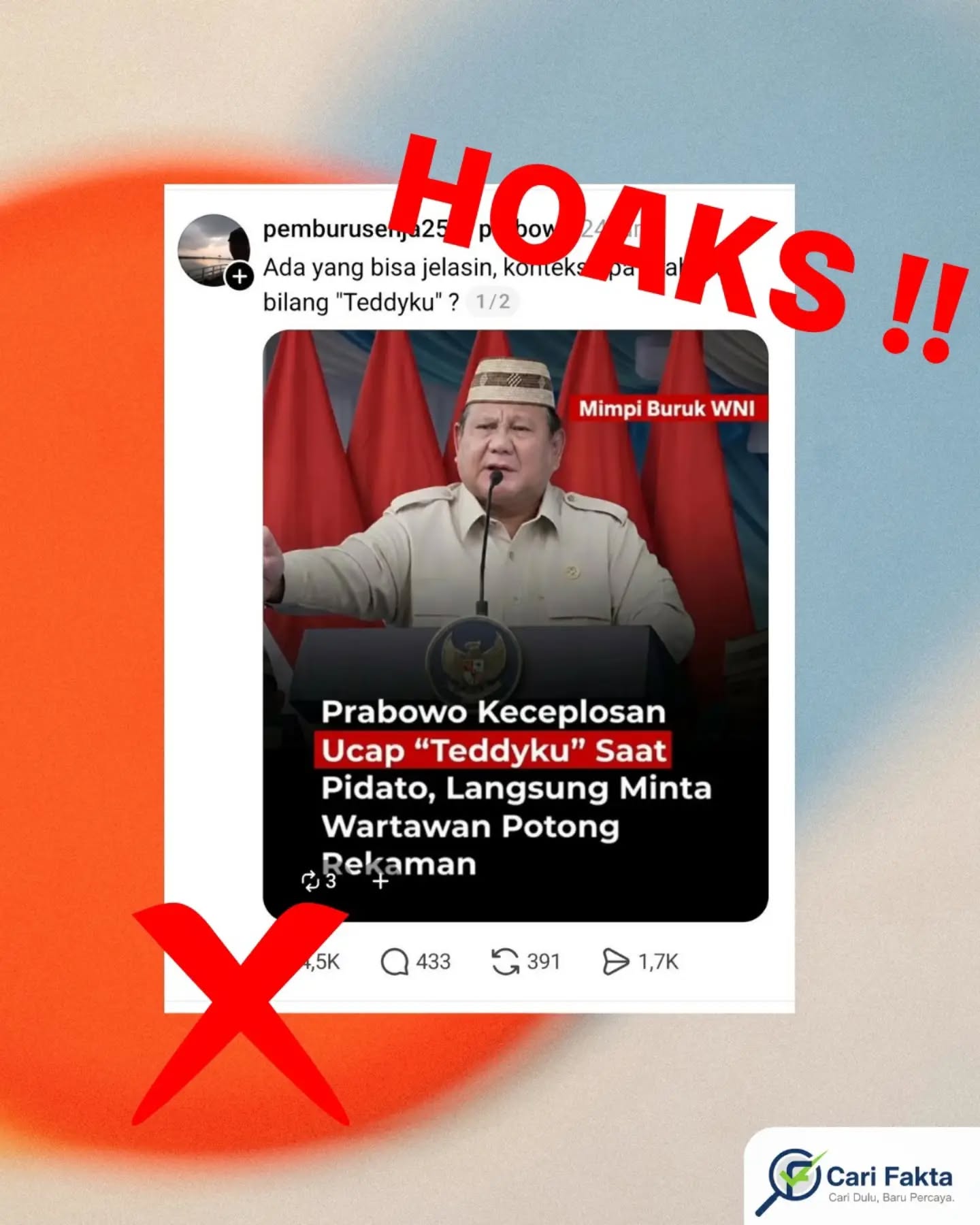Hoaks: Narasi Presiden Prabowo Keceplosan Ucap ‘Teddyku’ Saat Pidato