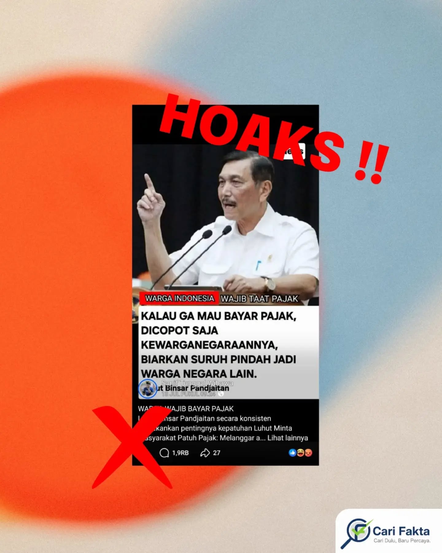 ️Klaim bahwa Luhut akan mencabut kewarganegaraan WNI yang tidak membayar pajak Tidak Benar️Informasi bahwa Luhut mencabut kewarganegataan WNI yang tidak membayar pajak tidak benar (hoaks). Tidak ada pernyataan resmi maupun kebijakan yang menyebut status WNI bisa dicabut karena tidak bayar pajak. Dalam aturan hukum Indonesia, pelanggaran pajak hanya dikenai sanksi administratif bukan pencabutan kewarganegaraan.Yuk, lebih bijak bermedia sosial. Selalu cari fakta sebelum percaya dan jangan ikut menyebarkan informasi yang belum jelas kebenarannya. Saring sebelum sharing