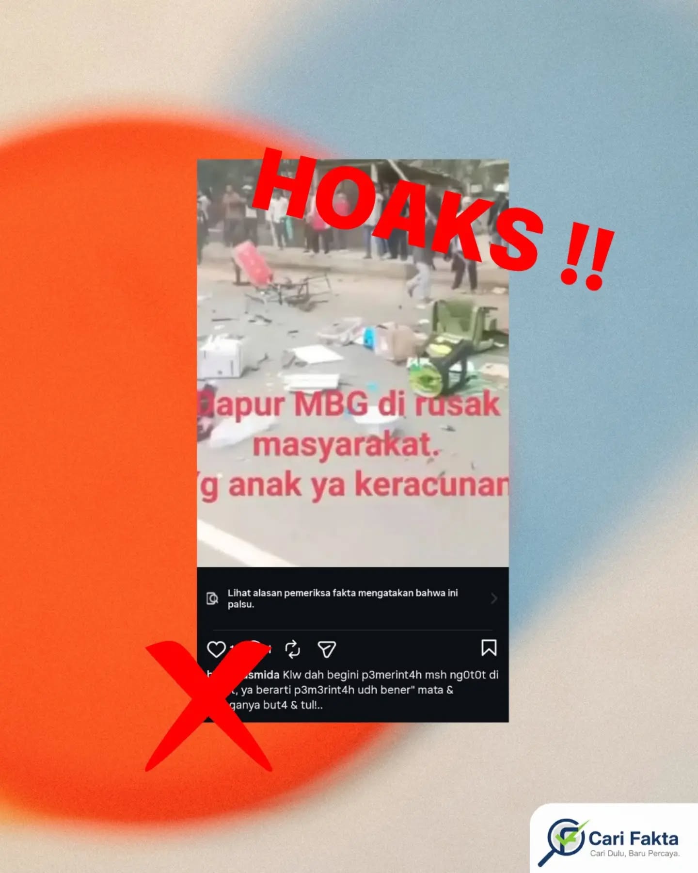 ️Klaim Warga Mojokerto Merusak Dapur MBG karena Anak Keracunan Tidak Benar️Beredar di media sosial sebuah video yang menampilkan kerusakan fasilitas dapur dengan narasi bahwa warga Mojokerto merusak dapur MBG karena anak-anak mengalami keracunan makanan. Unggahan tersebut disertai keterangan provokatif sehingga memicu kekhawatiran dan kemarahan publik.Faktanya informasi tersebut tidak benar (hoaks). Berdasarkan hasil penelusuran dan klarifikasi dari sumber kredibel, video yang beredar bukan merupakan kejadian di Mojokerto dan tidak ada kaitannya dengan dapur program MBG. Tidak ditemukan laporan resmi dari pemerintah daerah Mojokerto, instansi terkait, maupun media arus utama mengenai adanya perusakan dapur MBG oleh warga. Video yang beredar merupakan konten lama/kejadian berbeda yang kemudian dinarasikan ulang (misleading context) seolah-olah terjadi di Mojokerto dan berkaitan dengan program MBG. Tidak ada bukti valid yang menunjukkan adanya kasus keracunan massal anak akibat program MBG seperti yang diklaim dalam unggahan tersebut.Narasi yang disematkan dalam video bersifat provokatif dan tidak didukung data maupun fakta lapangan. Dengan demikian, konten tersebut termasuk kategori hoaks dengan konteks yang salah (misleading content).Masyarakat diimbau untuk tidak langsung mempercayai video viral tanpa konteks yang jelas. Memeriksa kebenaran informasi melalui media terpercaya atau kanal resmi pemerintah. Tidak menyebarkan ulang konten yang berpotensi menyesatkan dan memicu keresahan.