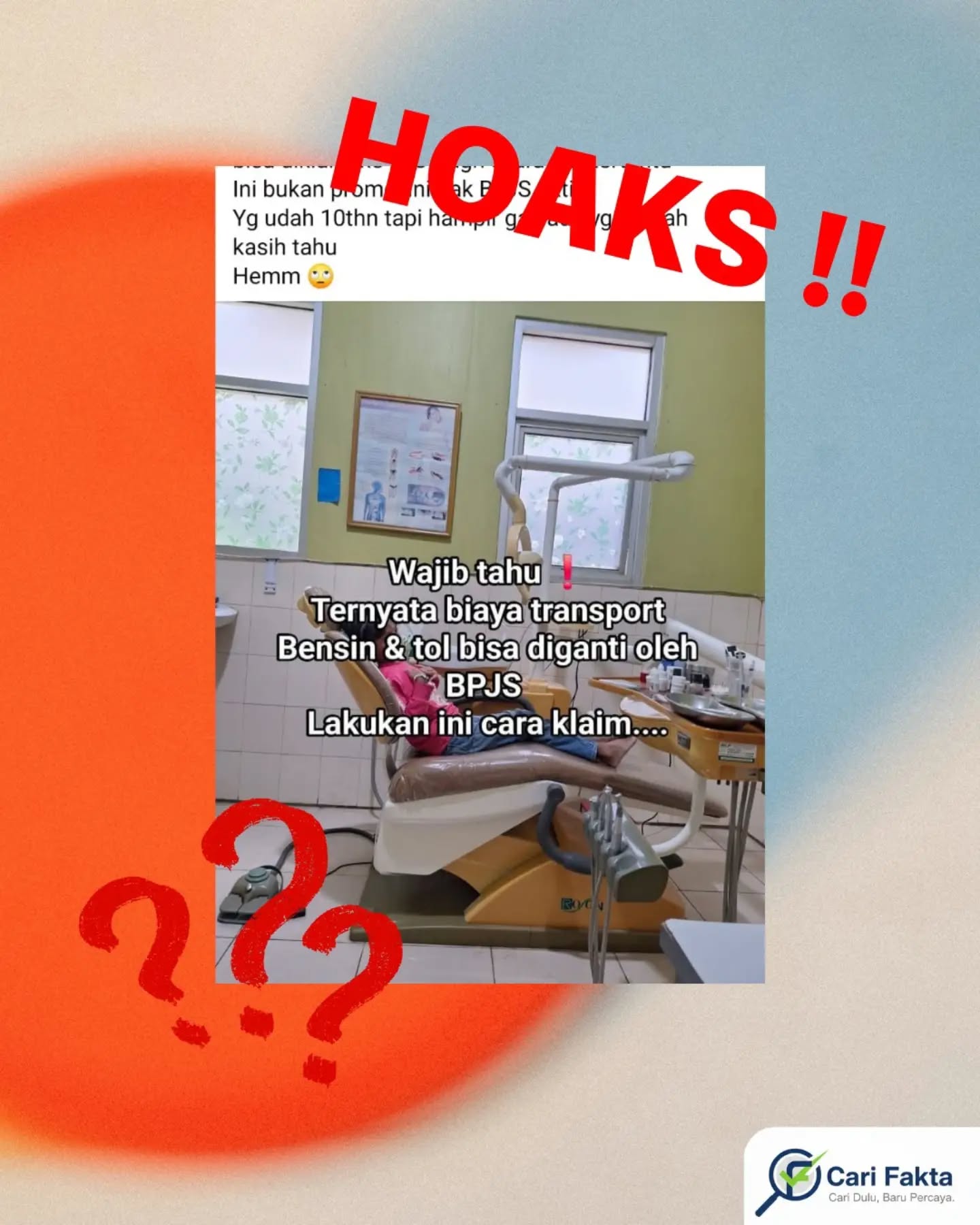 ️Klaim Biaya Transportasi Berobat Bisa Diganti BPJS Tidak Benar️Beredar di media sosial sebuah unggahan yang menyebutkan bahwa biaya transportasi seperti bensin dan tol saat berobat dapat diganti oleh BPJS Kesehatan. Informasi tersebut dikemas dengan narasi seolah-olah merupakan “hak peserta BPJS” yang selama ini tidak banyak diketahui masyarakat. Bahkan, unggahan tersebut juga mengajak masyarakat untuk segera melakukan klaim biaya transportasi tersebut.Faktanya informasi tersebut tidak benar (hoaks). Berdasarkan klarifikasi resmi BPJS Kesehatan, hingga saat ini tidak ada kebijakan yang menyatakan bahwa biaya transportasi berobat, baik bensin, tol, maupun transportasi umum, ditanggung atau dapat diklaim oleh BPJS Kesehatan. BPJS hanya menanggung biaya pelayanan kesehatan sesuai indikasi medis dan prosedur yang berlaku, bukan biaya penunjang seperti transportasi pribadi pasien.Masyarakat diimbau untuk tidak mudah mempercayai informasi yang beredar di media sosial tanpa sumber yang jelas. Pastikan selalu mengecek kebenaran informasi melalui kanal resmi BPJS Kesehatan atau sumber terpercaya lainnya. Jika ragu, Anda dapat menghubungi layanan resmi BPJS Kesehatan agar terhindar dari informasi menyesatkan.